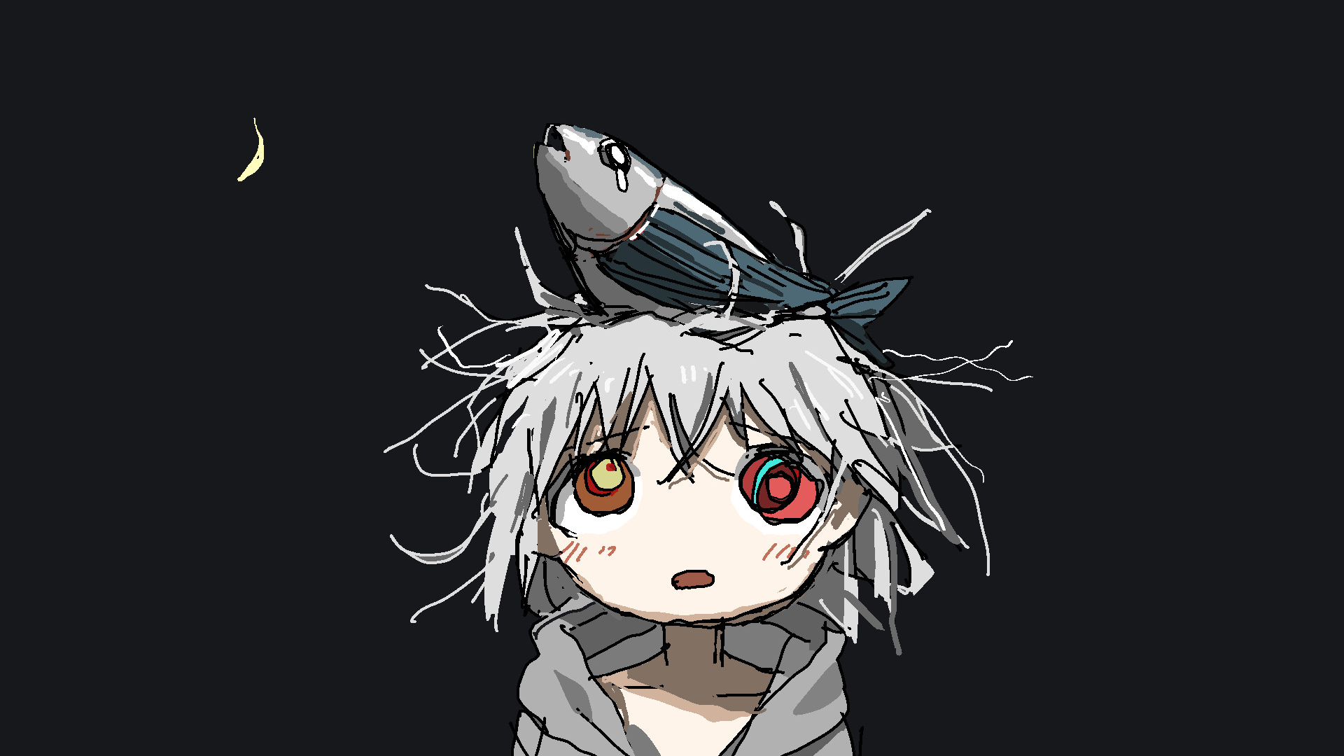 Anime girl with fish on head and crescent moon HD Wallpaper