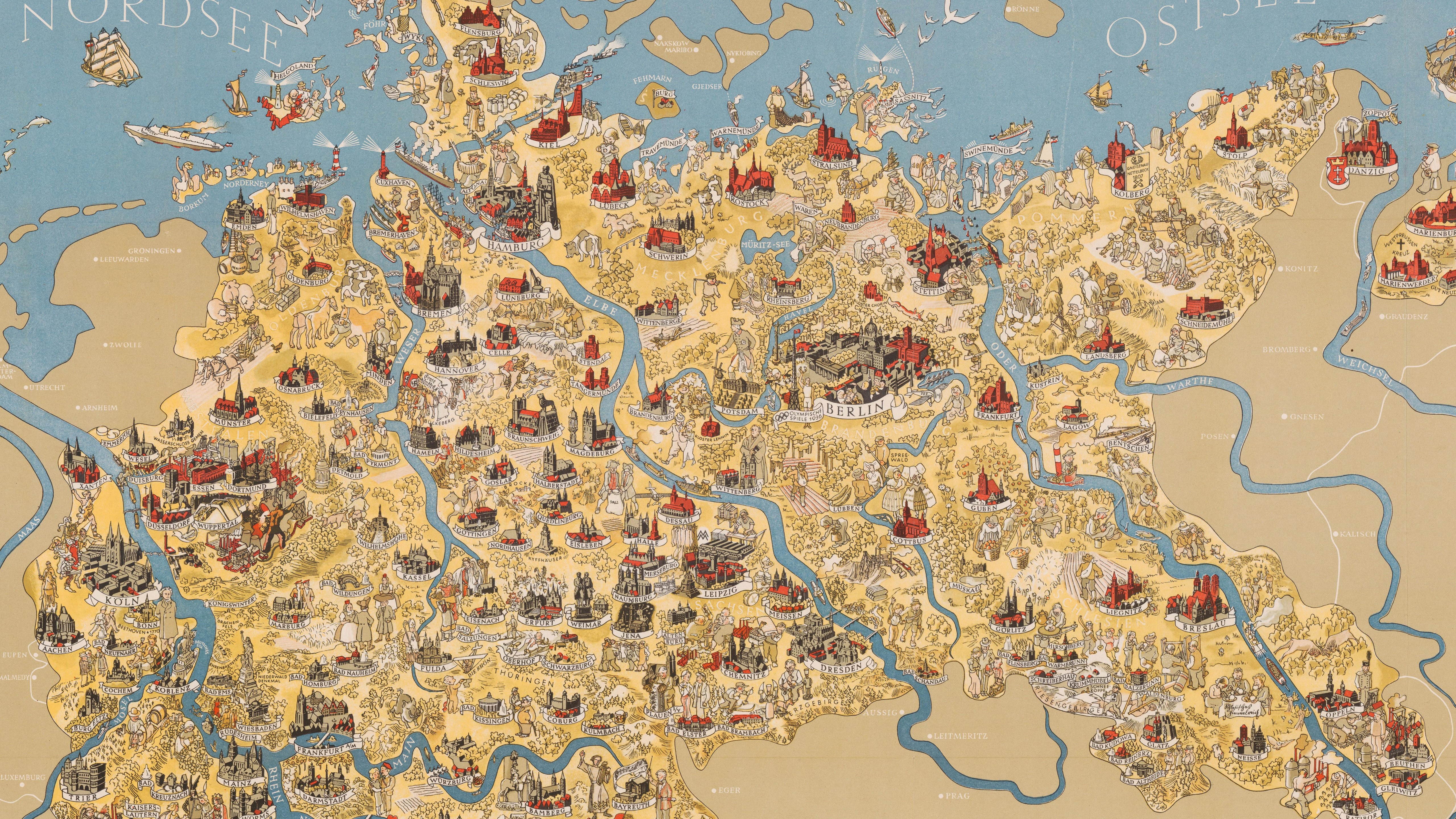 4K Old Map of Germany with Rivers HD Wallpaper