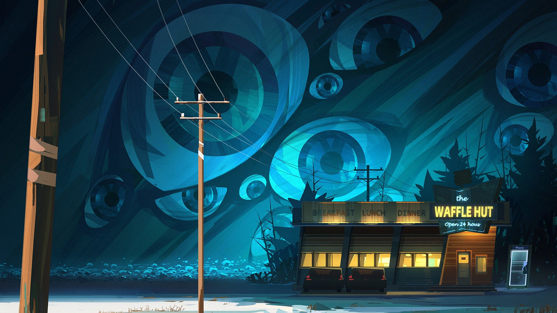 Surreal night scene with giant eyes and The Waffle Hut diner HD Wallpaper