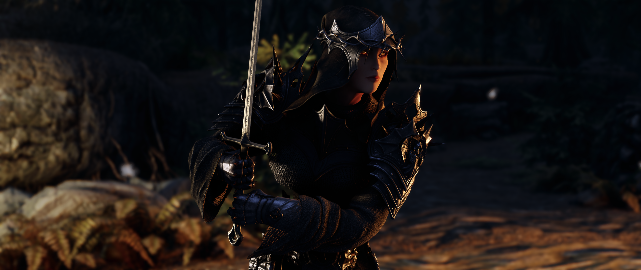 Woman in dark armor holding a sword in Skyrim HD Wallpaper