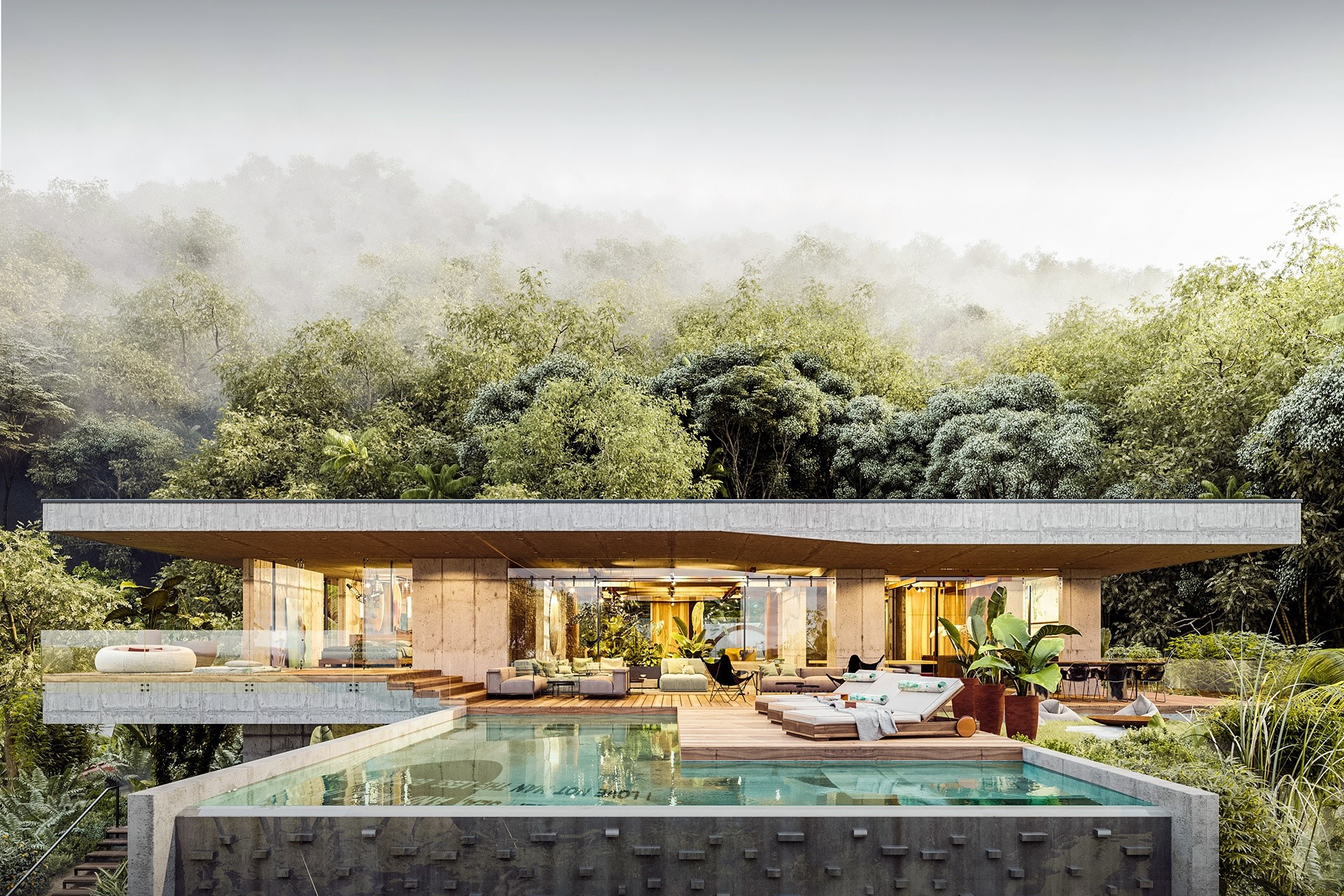 Modern house with infinity pool in a misty forest HD Wallpaper