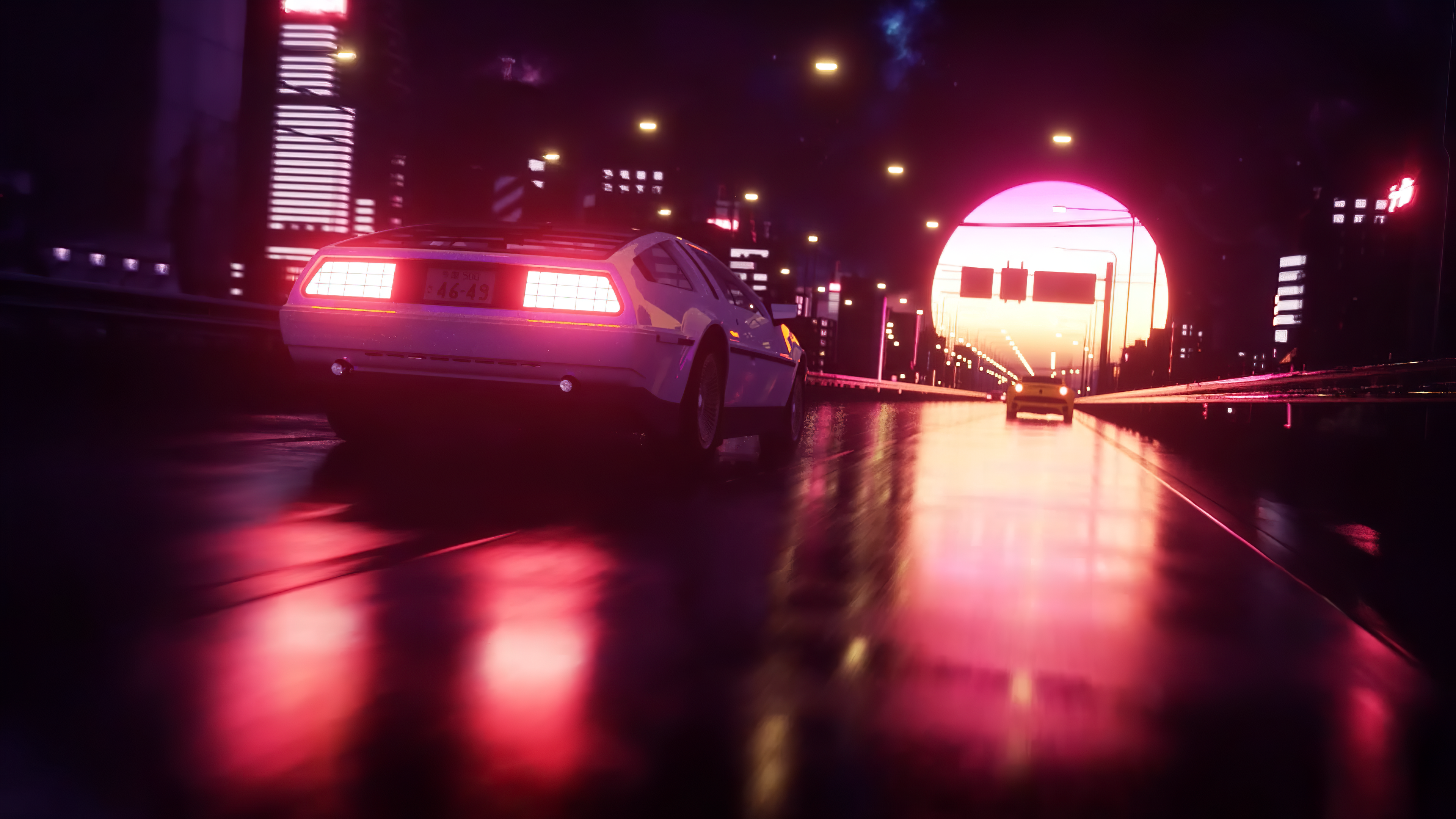 Synthwave DeLorean driving through a neon city at sunset HD Wallpaper