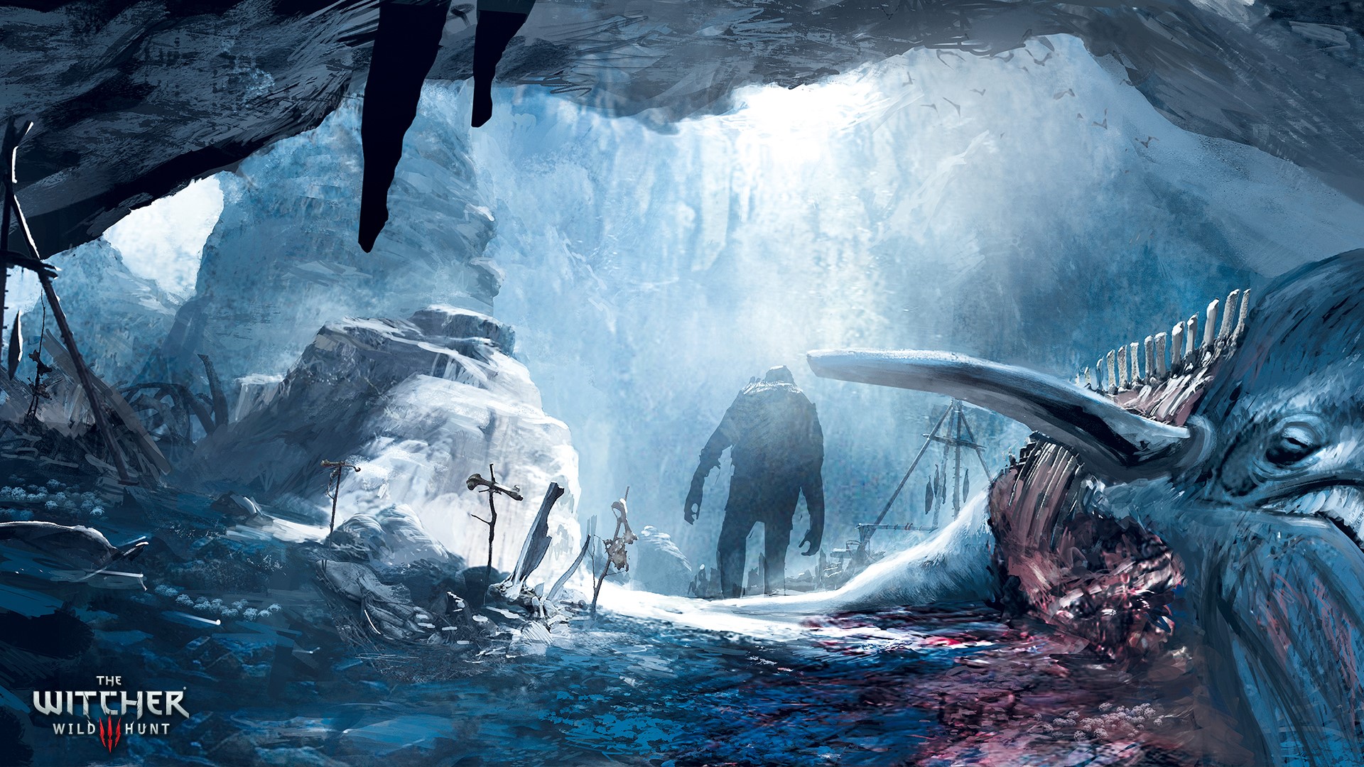 The Witcher 3: Wild Hunt cave scene with giant and carcass HD Wallpaper