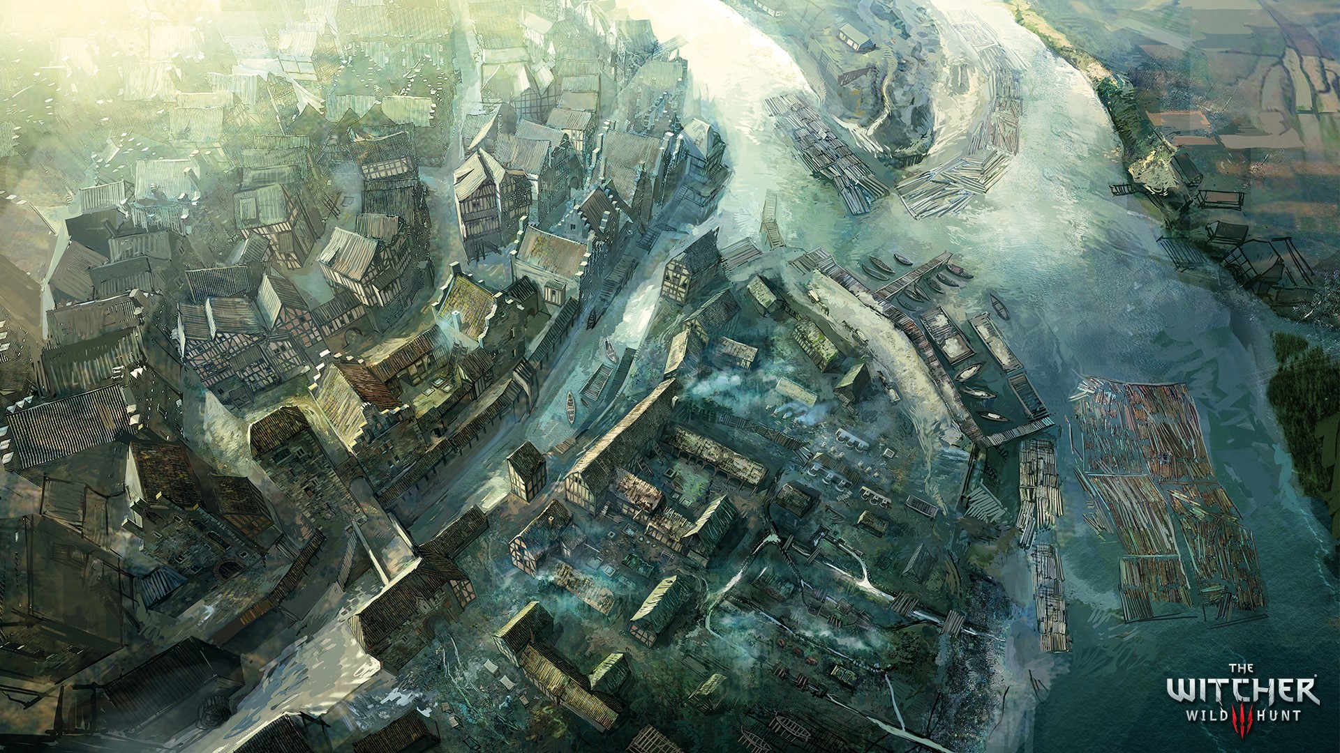 The Witcher 3: Wild Hunt aerial view of a fantasy town HD Wallpaper