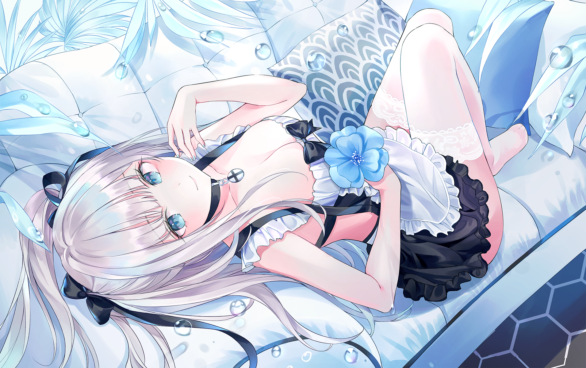 Anime girl with silver hair and blue eyes in maid outfit HD Wallpaper