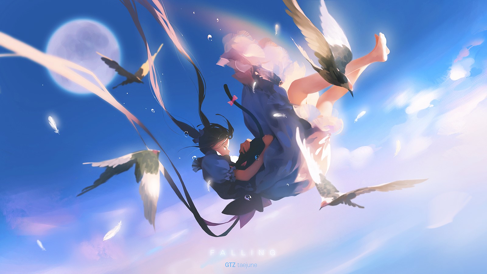 Girl falling with birds and moon HD Wallpaper