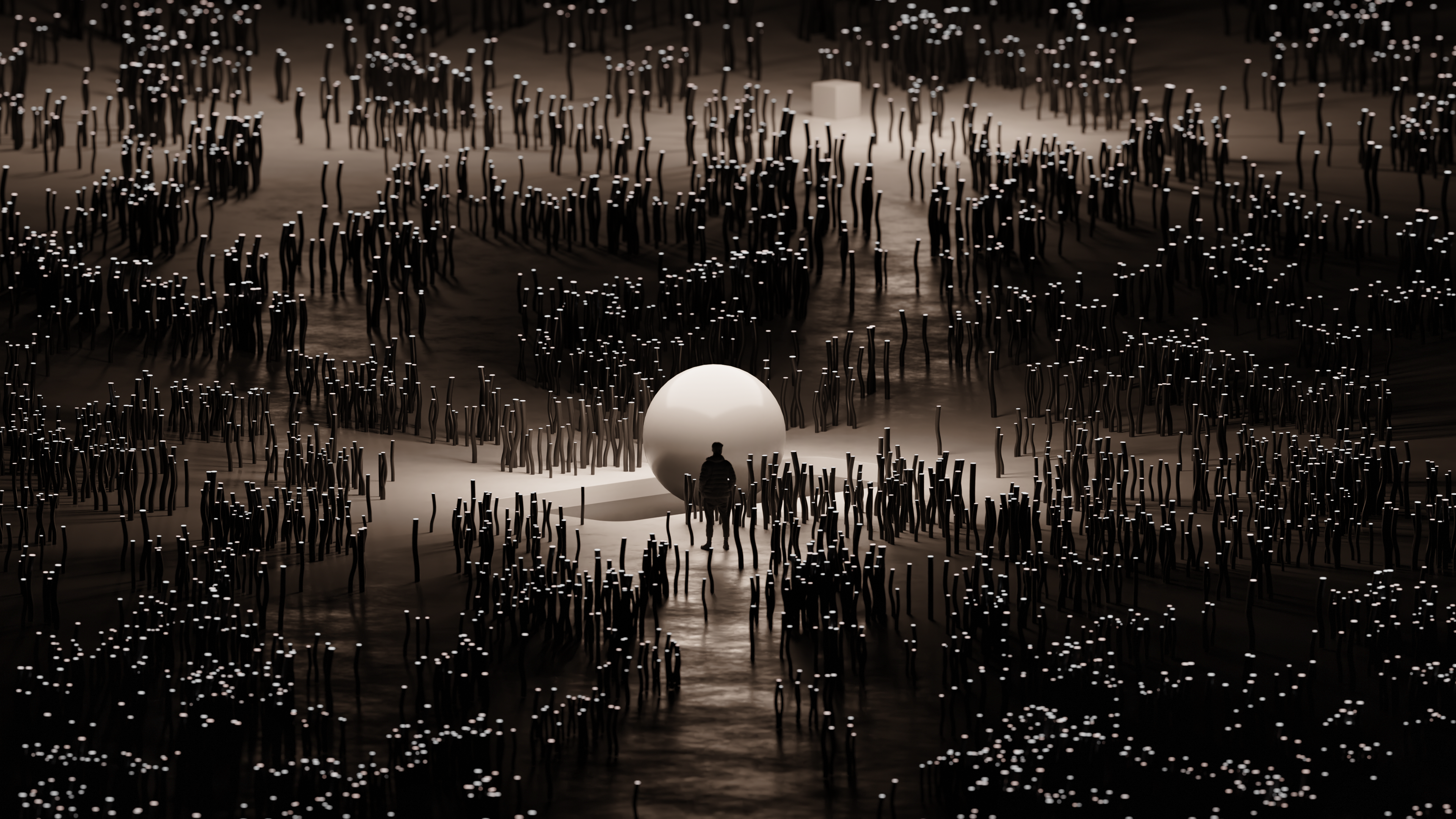Dark futuristic beige digital landscape with sphere HD Wallpaper