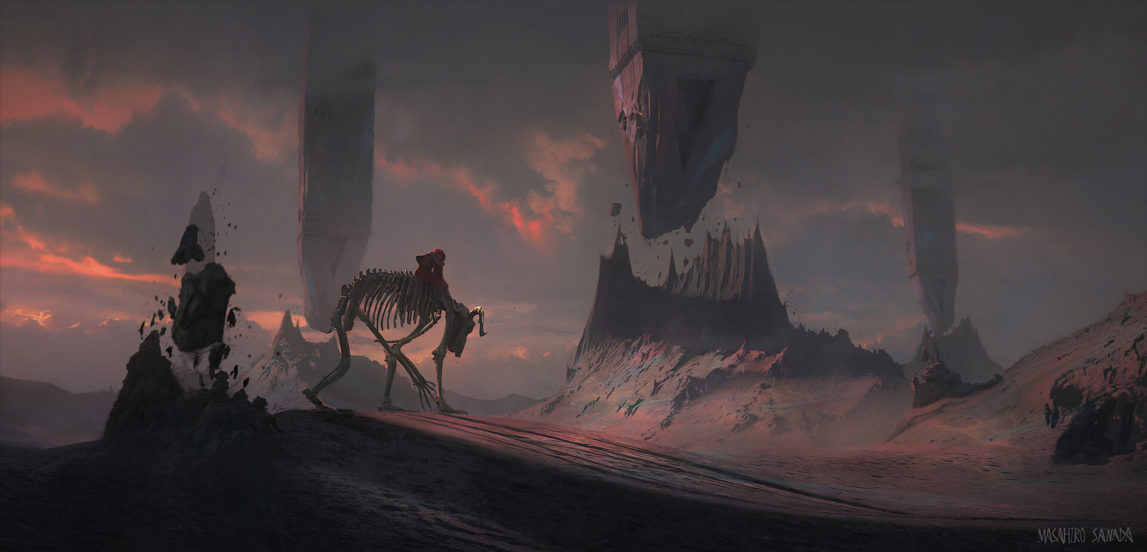 Skeleton creature on an alien world with floating structures HD Wallpaper