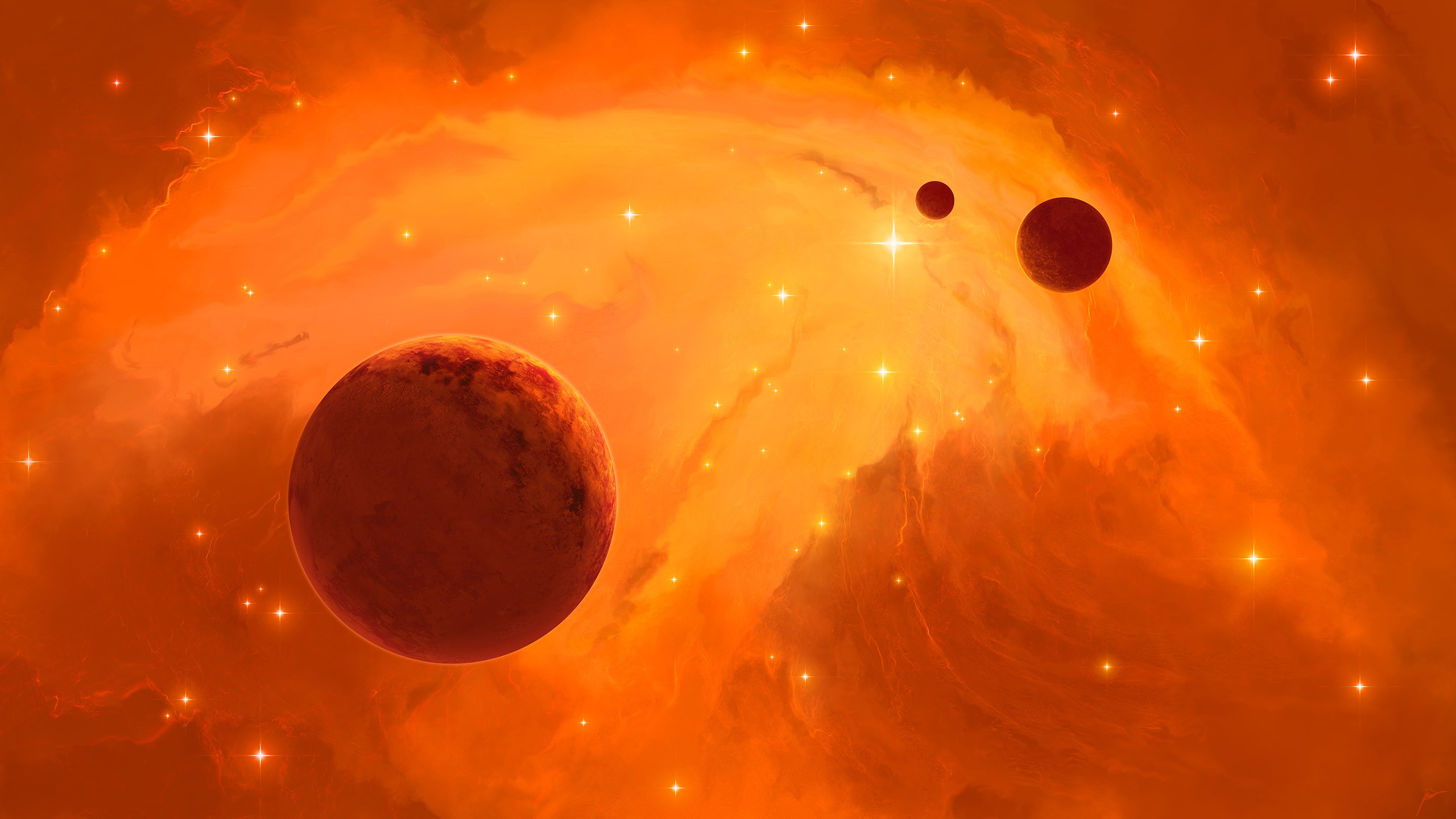 Orange nebula with planets and stars HD Wallpaper