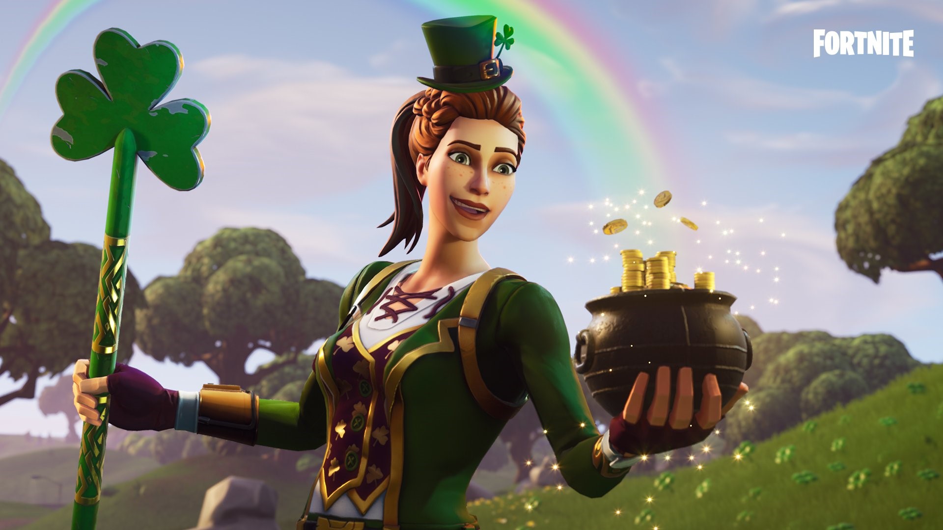 Fortnite Leprechaun Skin with Pot of Gold and Rainbow HD Wallpaper