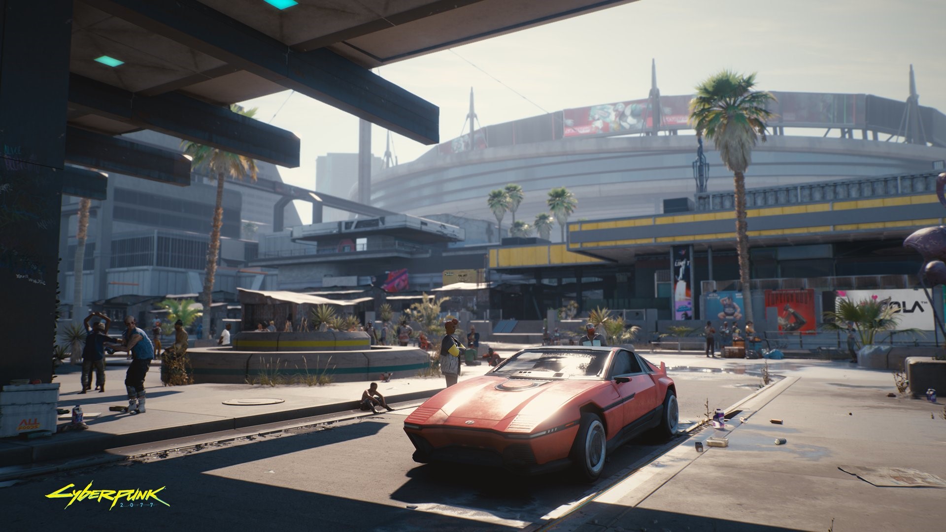 Cyberpunk 2077 cityscape with red sports car HD Wallpaper