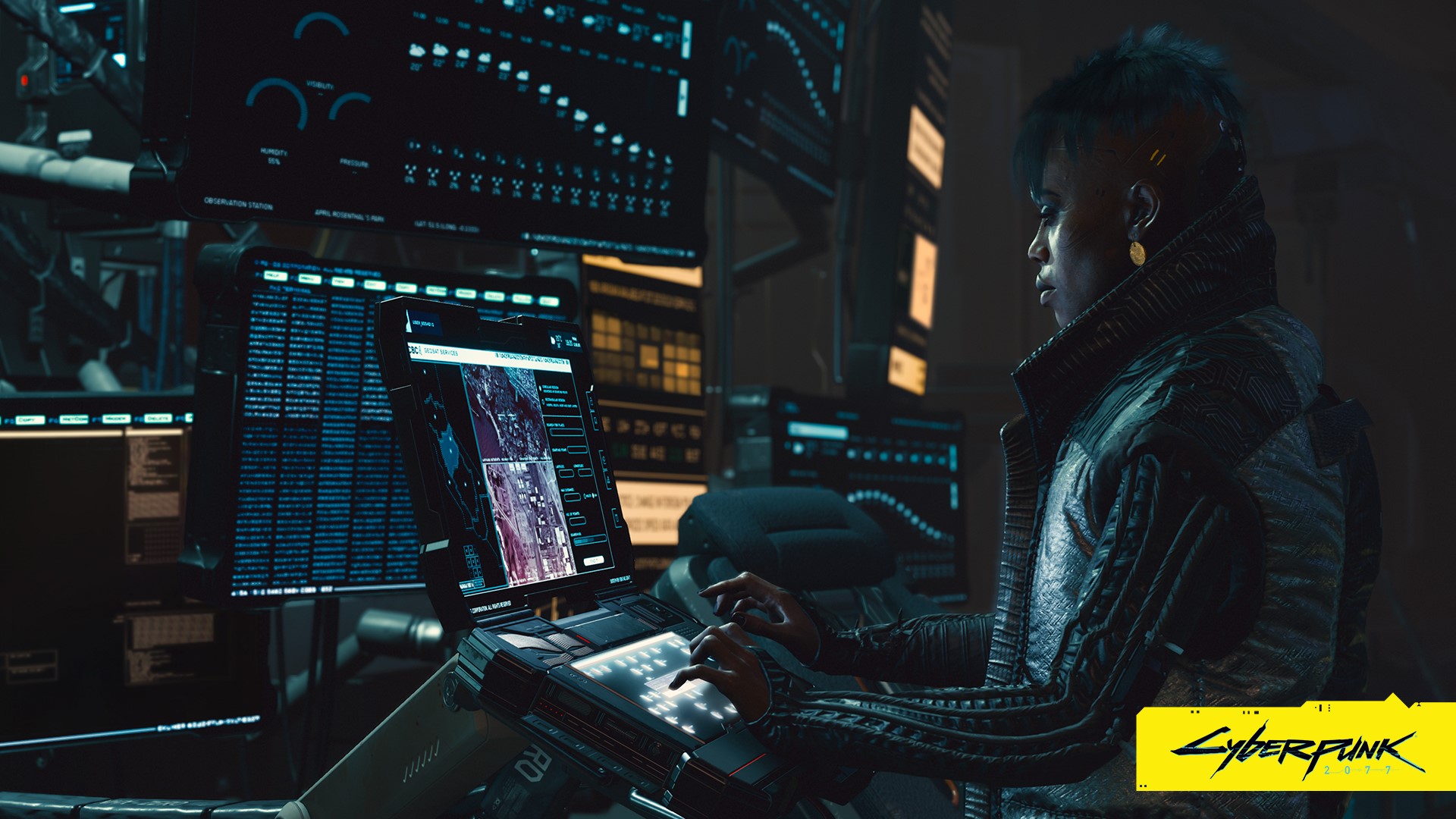 Cyberpunk 2077 character at computer terminals HD Wallpaper