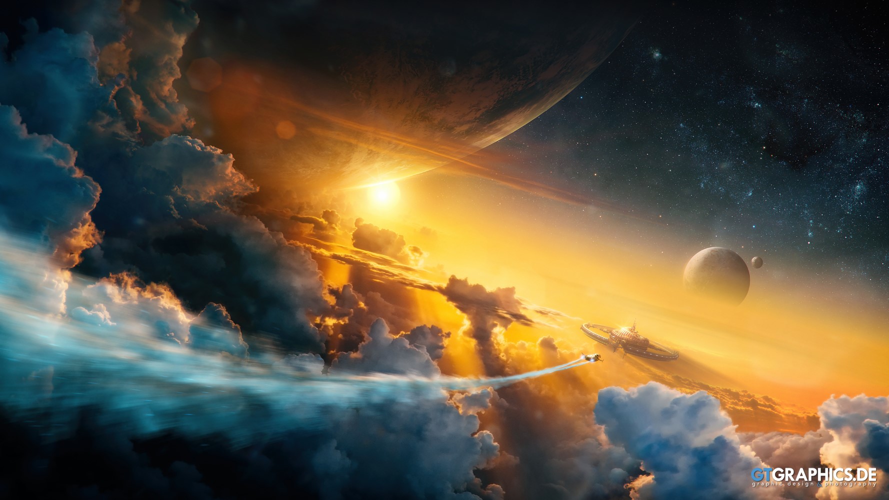 Spaceship flying through clouds near planets and sun HD Wallpaper