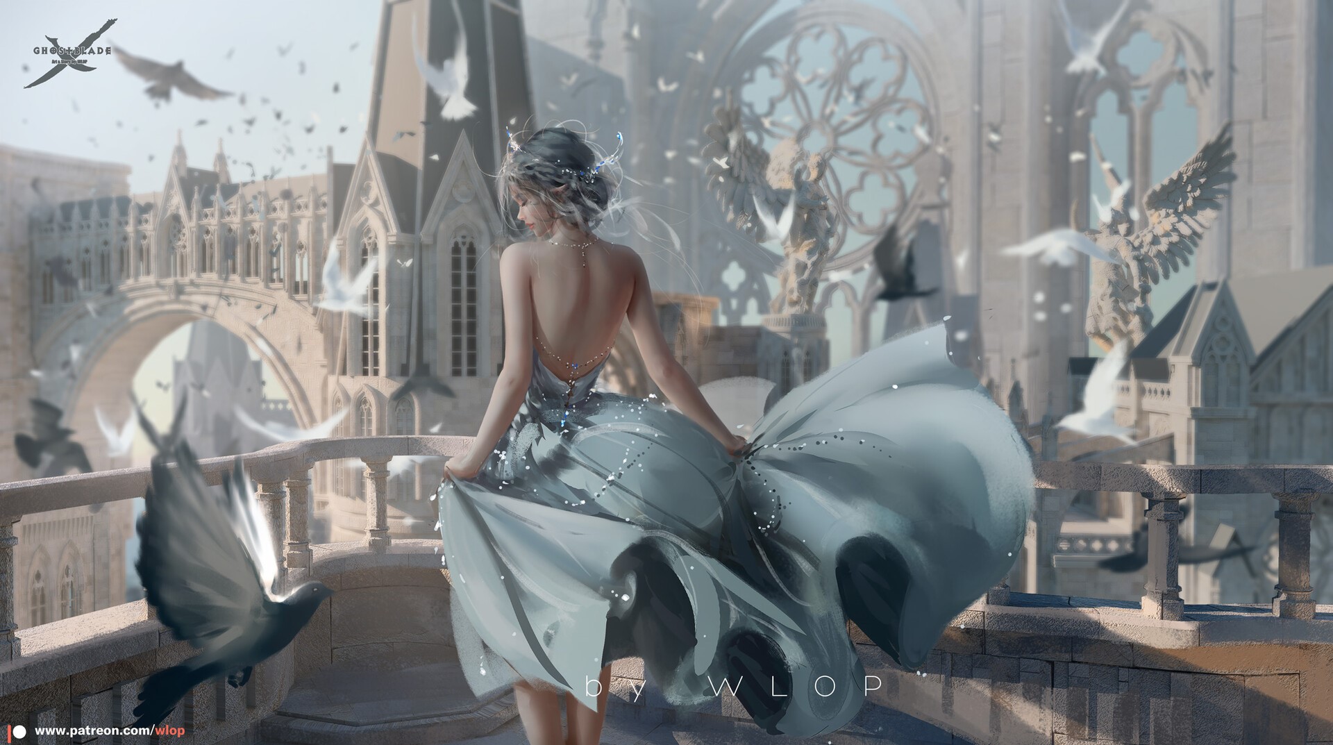 Woman in a blue dress with doves HD Wallpaper