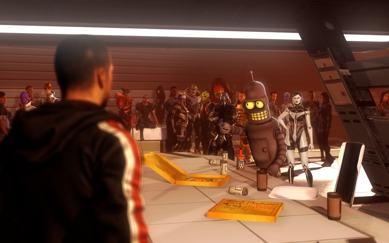 Bender and Mass Effect characters at a gathering HD Wallpaper