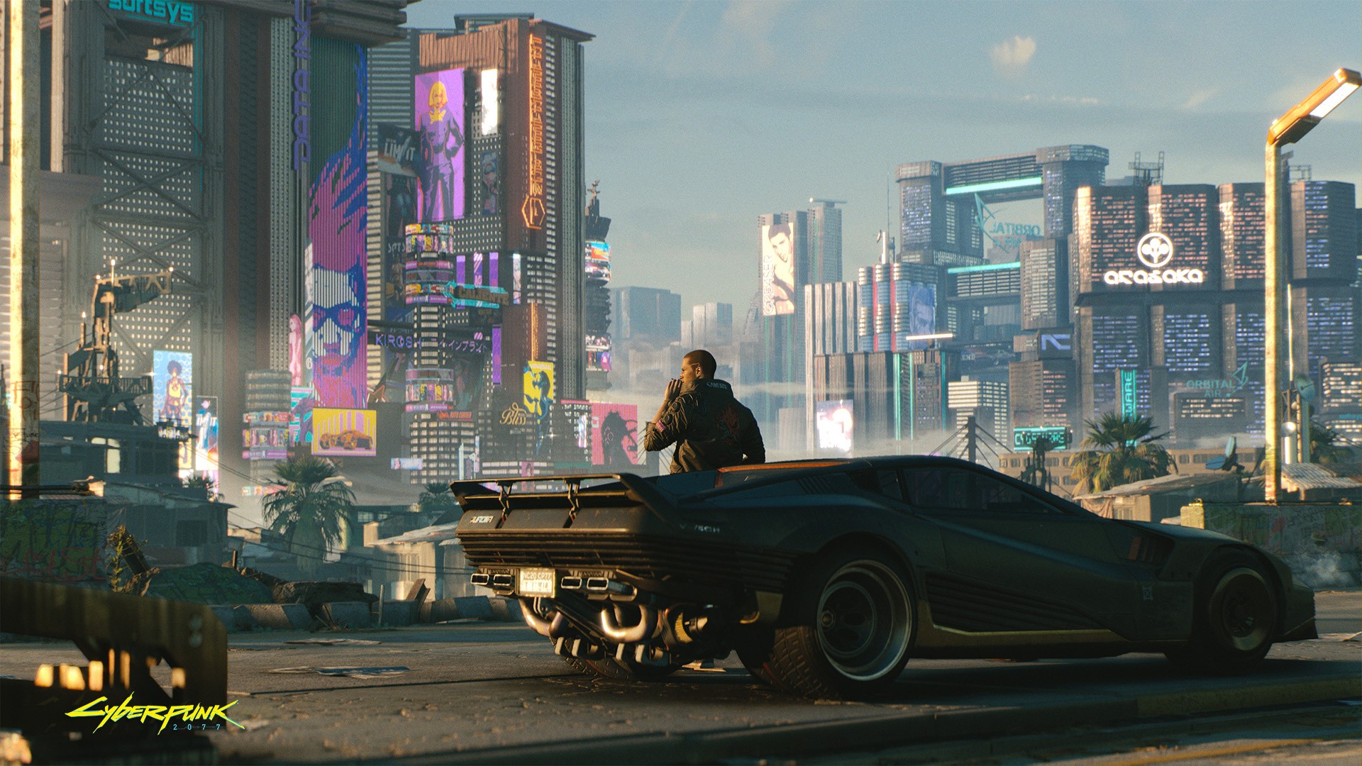 Cyberpunk 2077 futuristic city with a man and a car HD Wallpaper