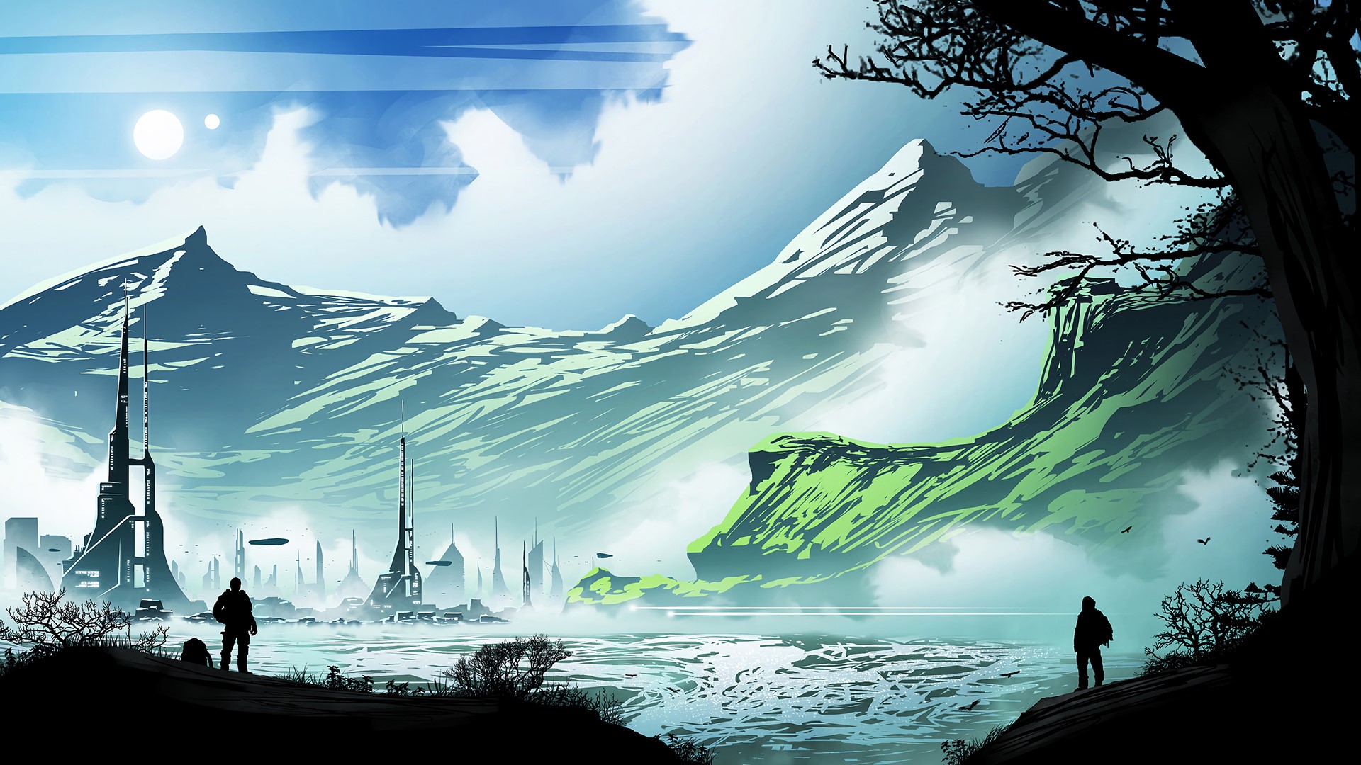 Futuristic city with mountains and a river HD Wallpaper
