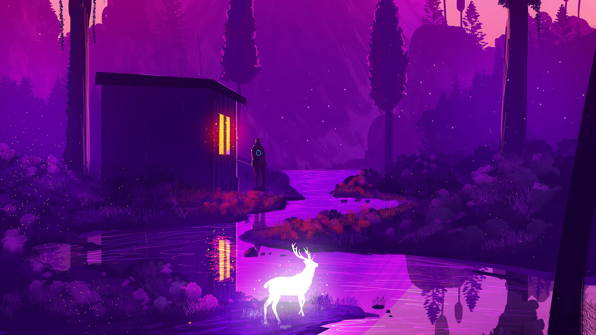 Fantasy art of a glowing deer by a river and a cabin HD Wallpaper