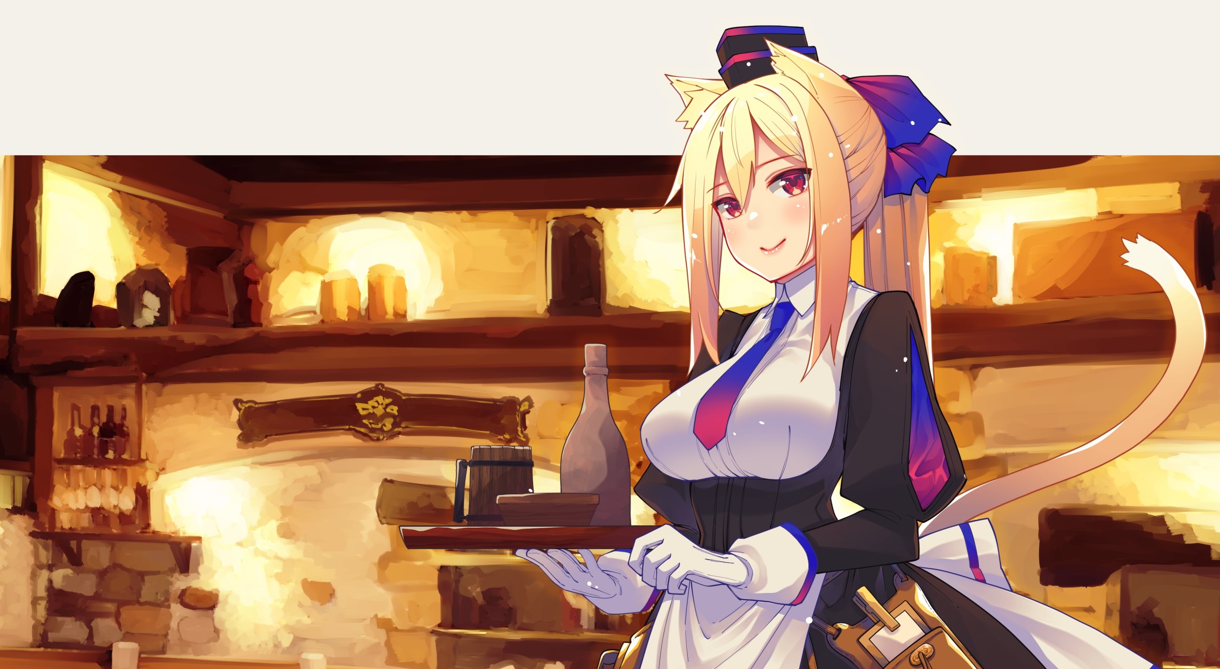 Cat girl waitress holding a tray in a tavern HD Wallpaper