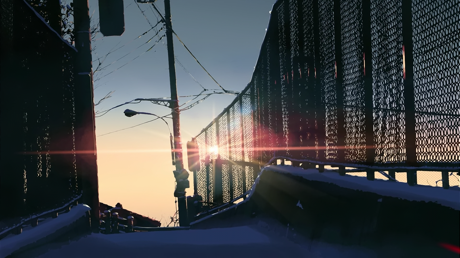 Anime scene with fence and sunset HD Wallpaper