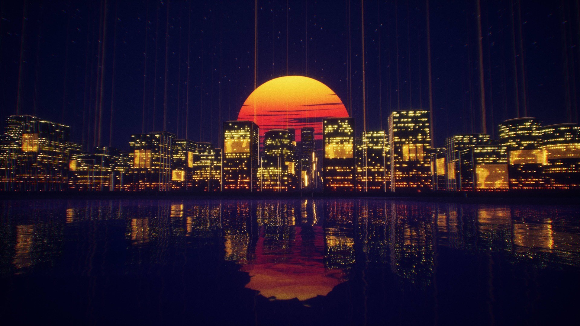 Retro city skyline at sunset with water reflection HD Wallpaper