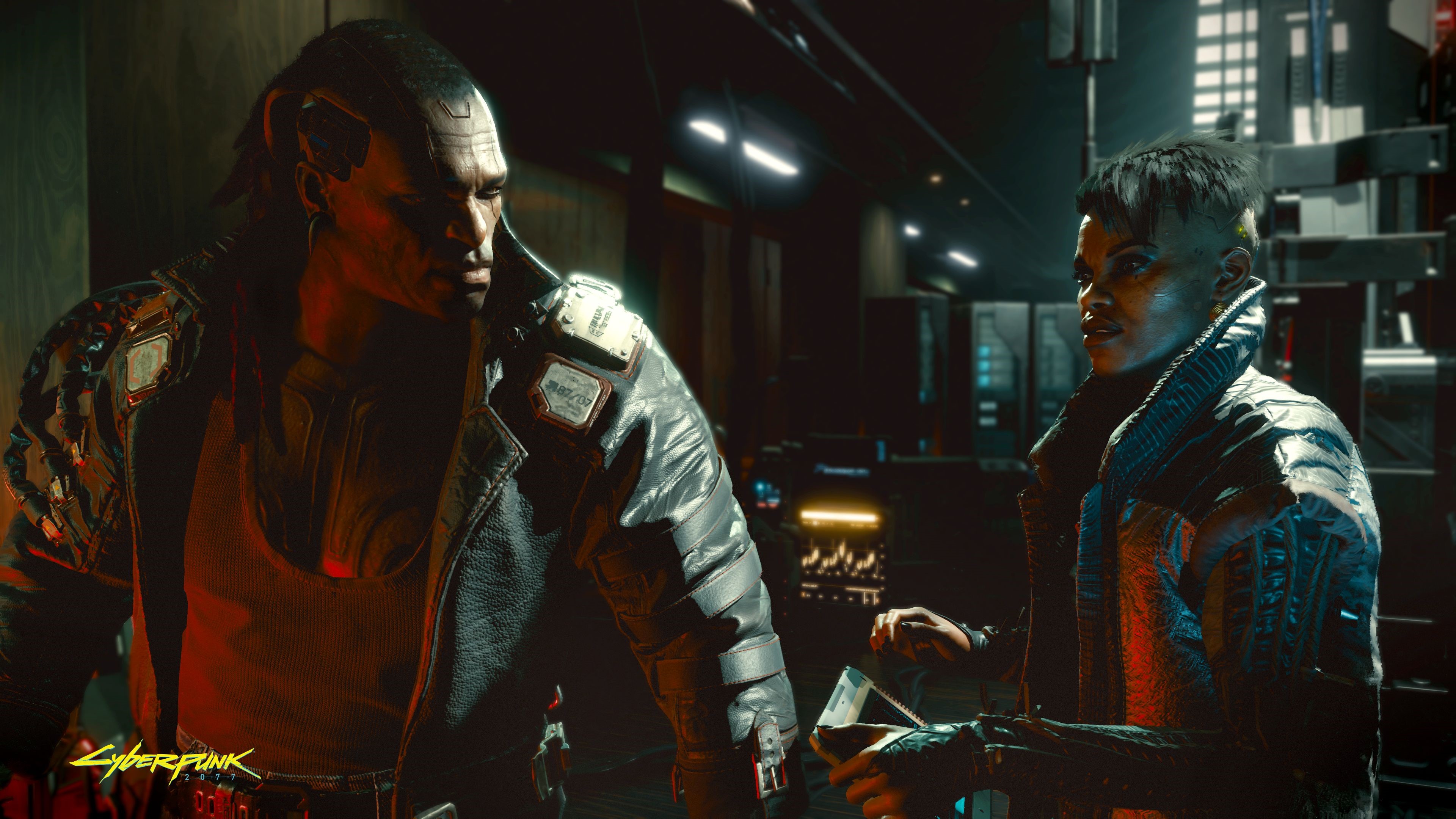 Cyberpunk 2077 characters in a dimly lit interior HD Wallpaper