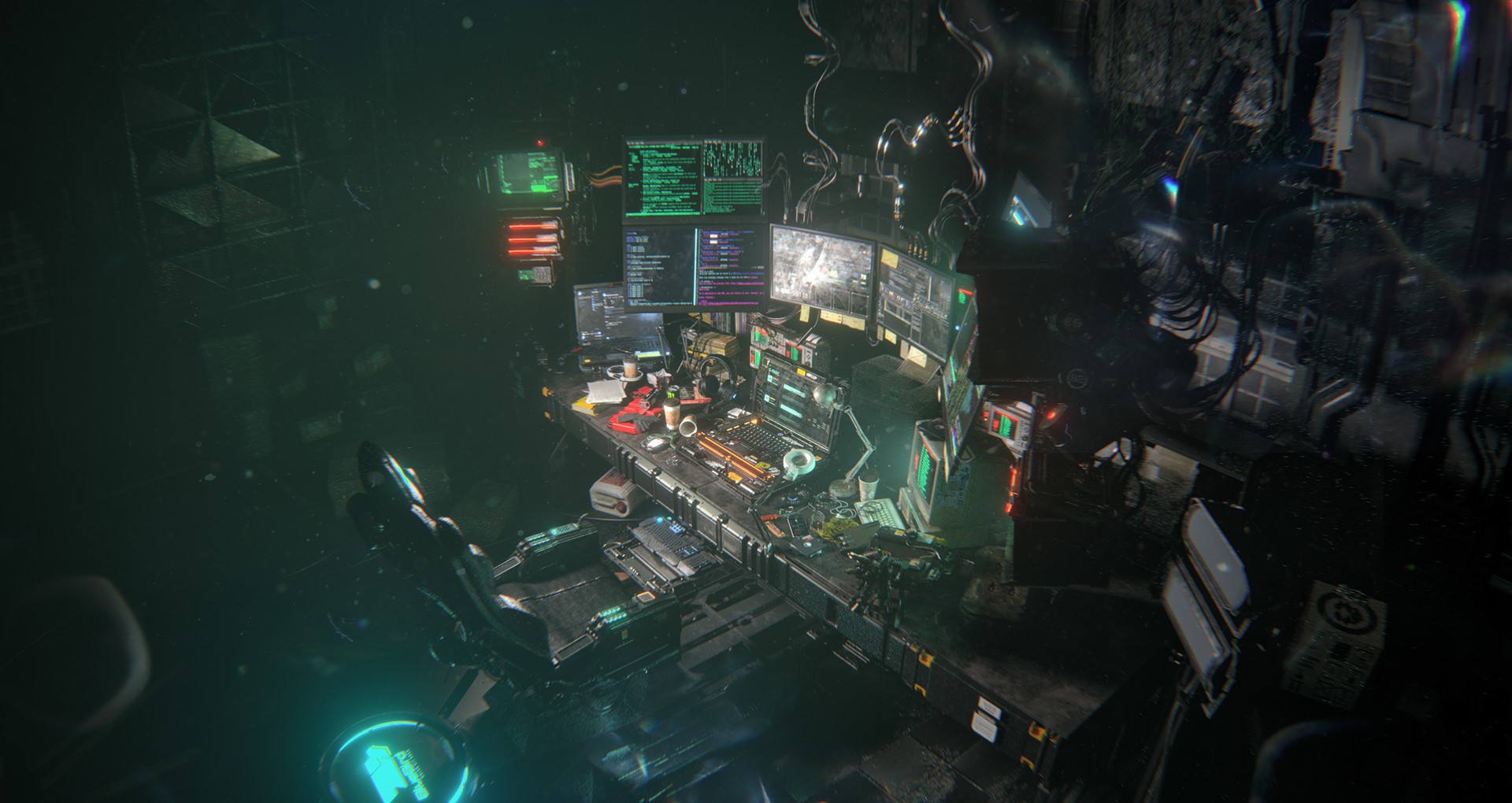 Cyberpunk hacker desk with multiple monitors and wires HD Wallpaper