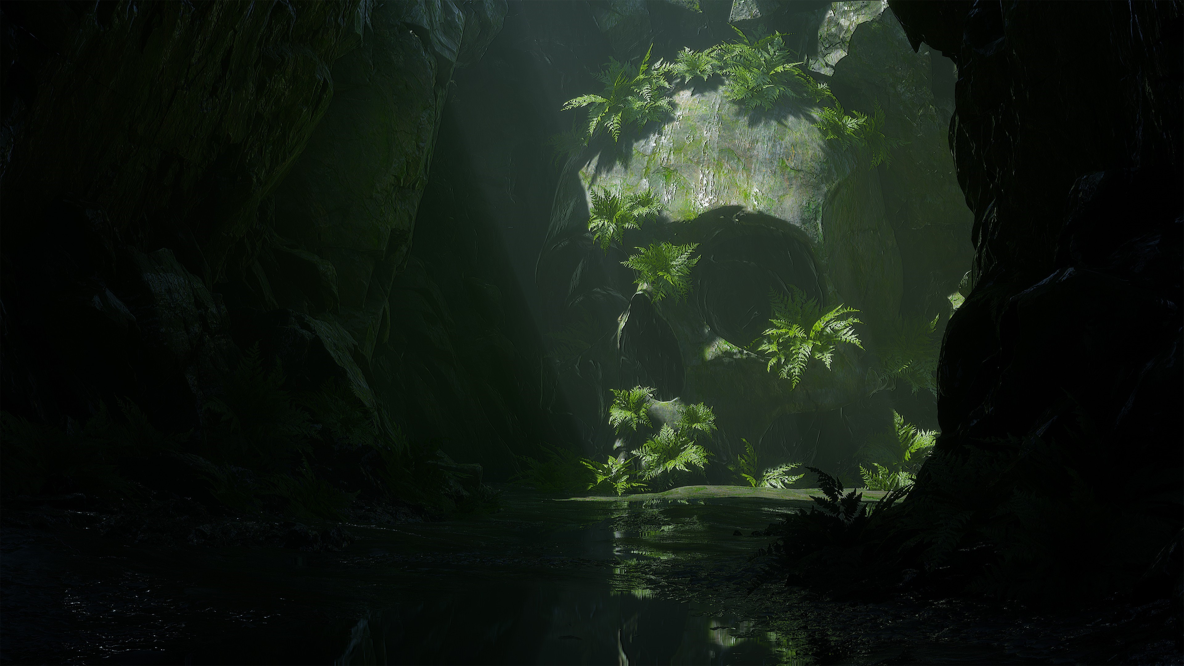 Sun rays in a dark cave with plants and water HD Wallpaper