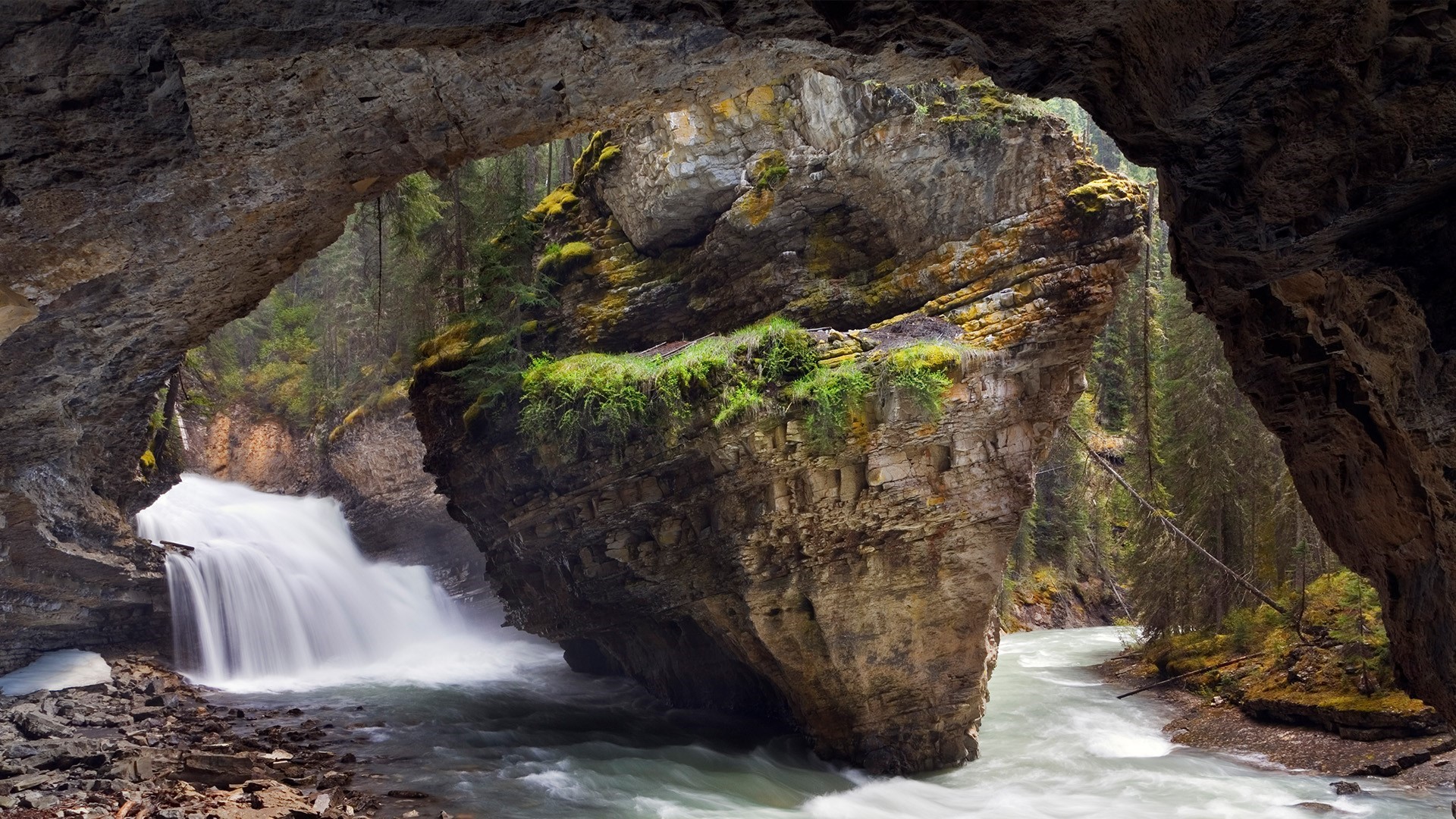 Waterfall in a Cave at Banff National Park, Alberta, Canada HD Wallpaper