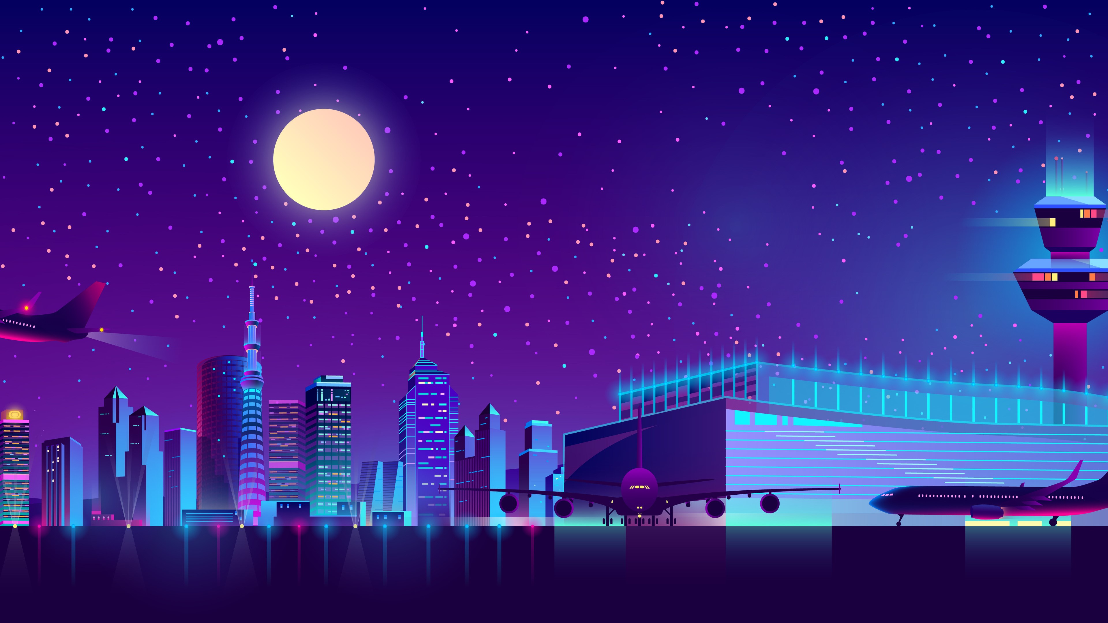 Night cityscape with airport and airplanes under moonlight HD Wallpaper
