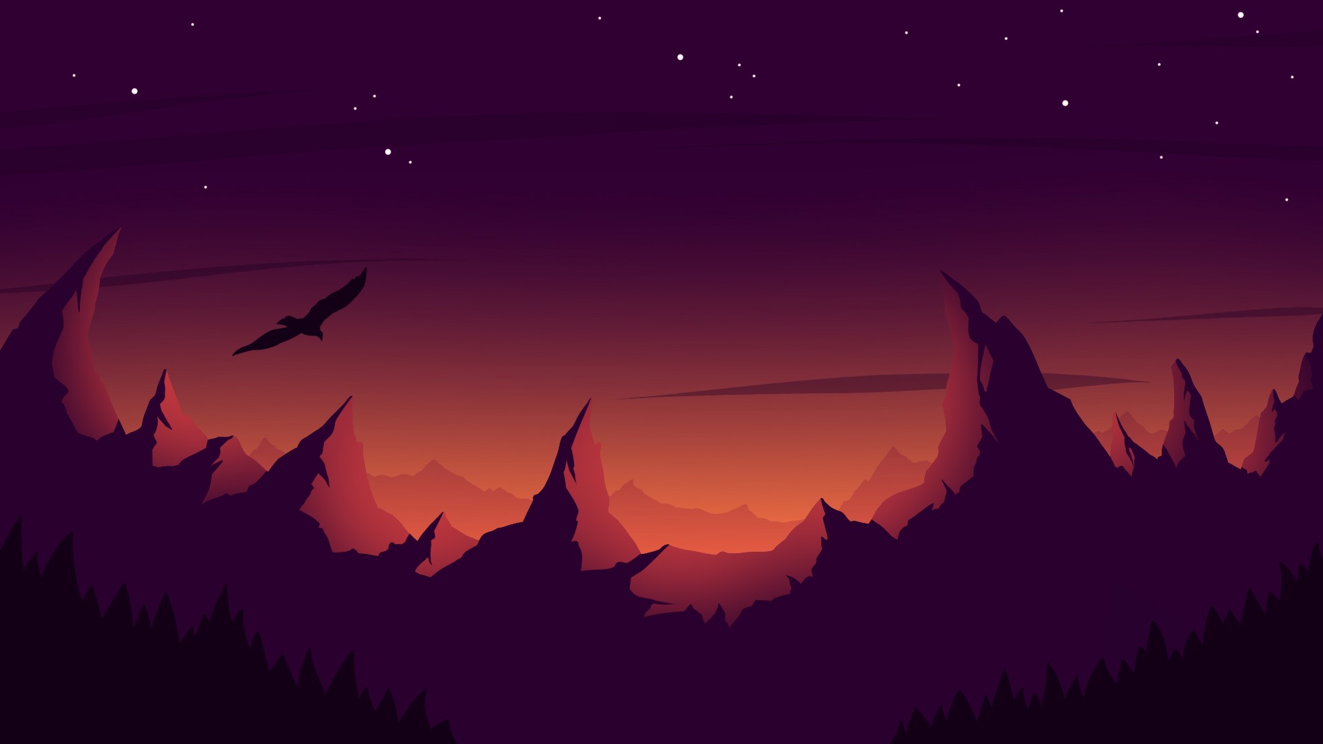 Minimalist digital art of a bird flying over mountains at dusk HD Wallpaper
