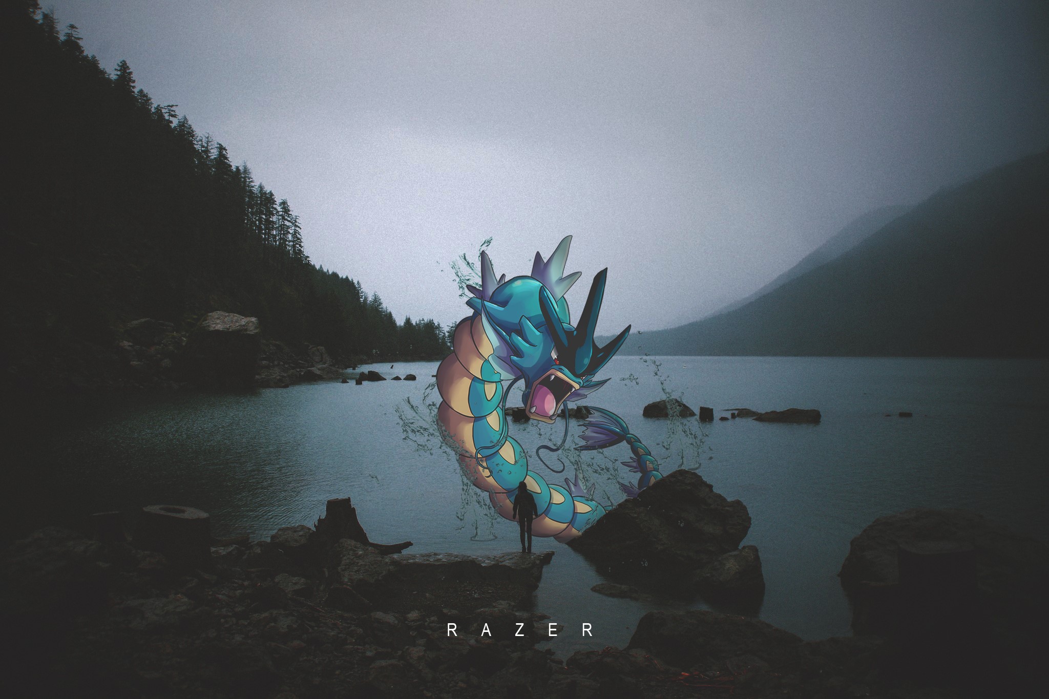 Gyarados from Pokemon in a lake with Razer logo HD Wallpaper