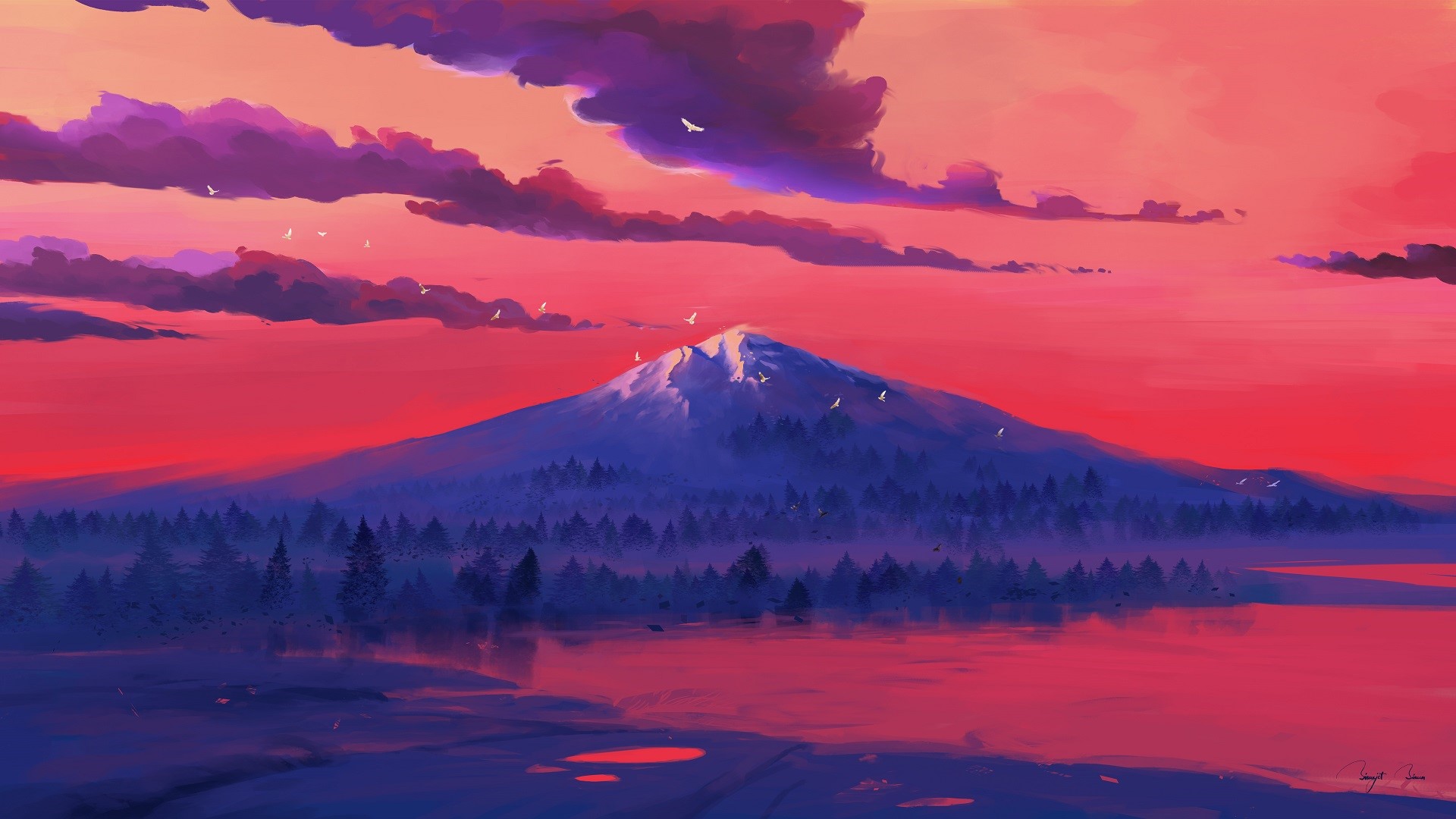 Digital painting of a snow-capped mountain at sunset with birds flying HD Wallpaper
