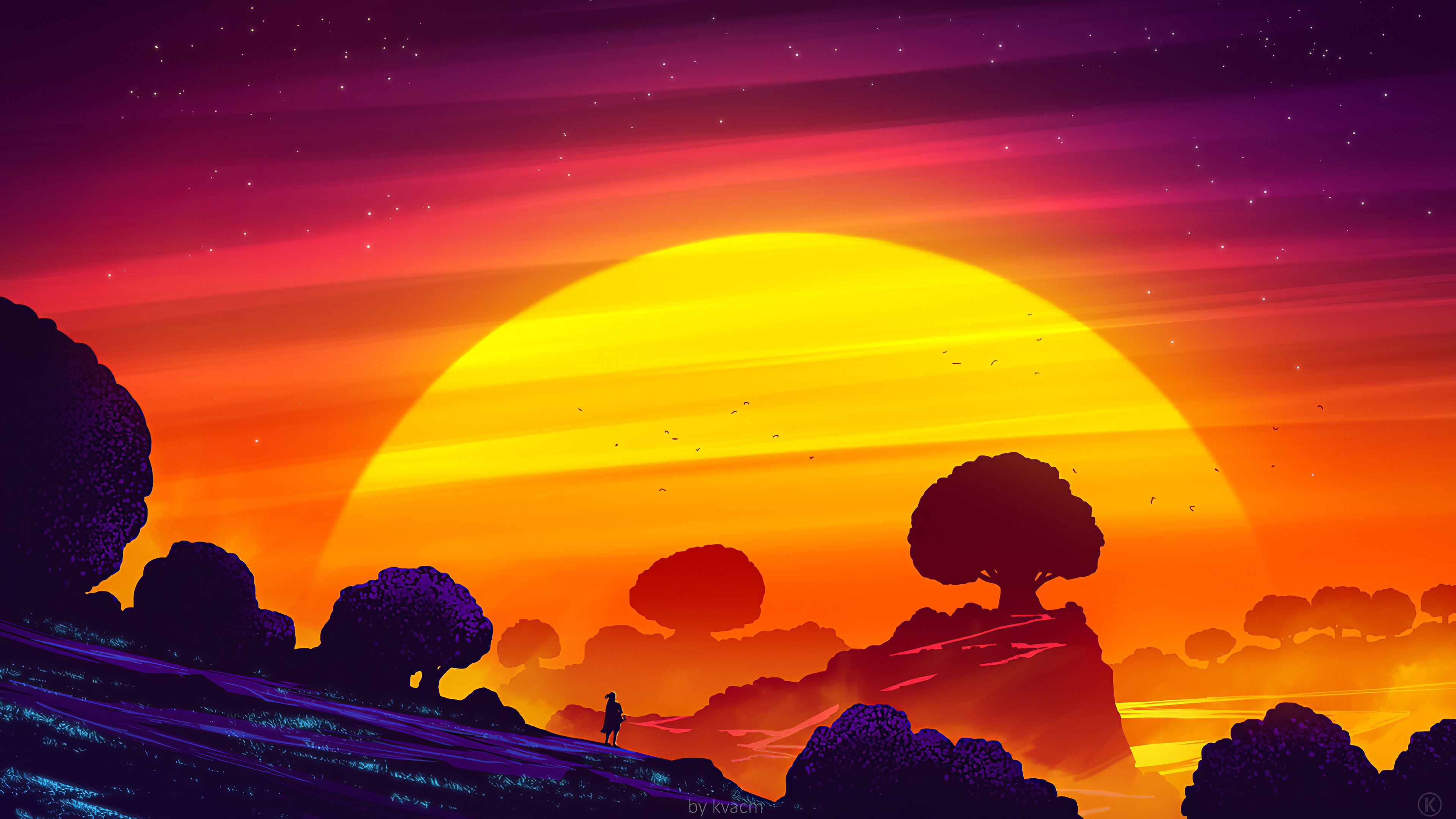 4K illustration of a sunset landscape with trees HD Wallpaper