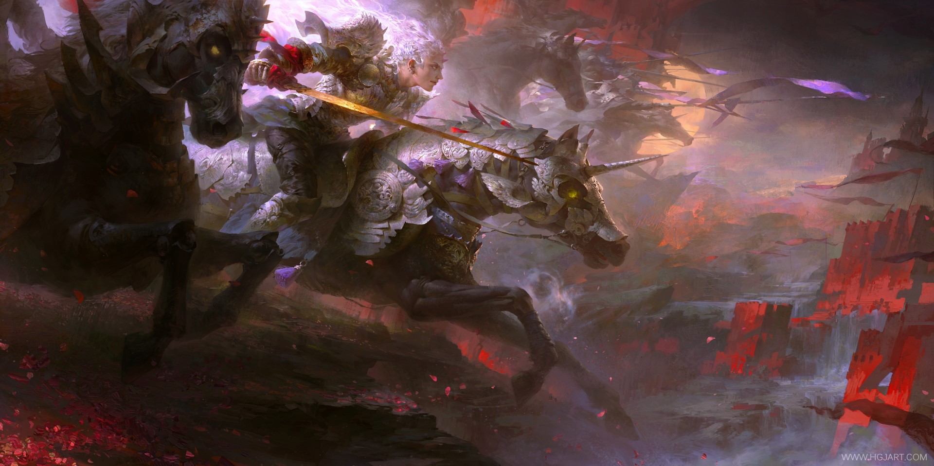 Armored warriors on horned horses charging into battle HD Wallpaper