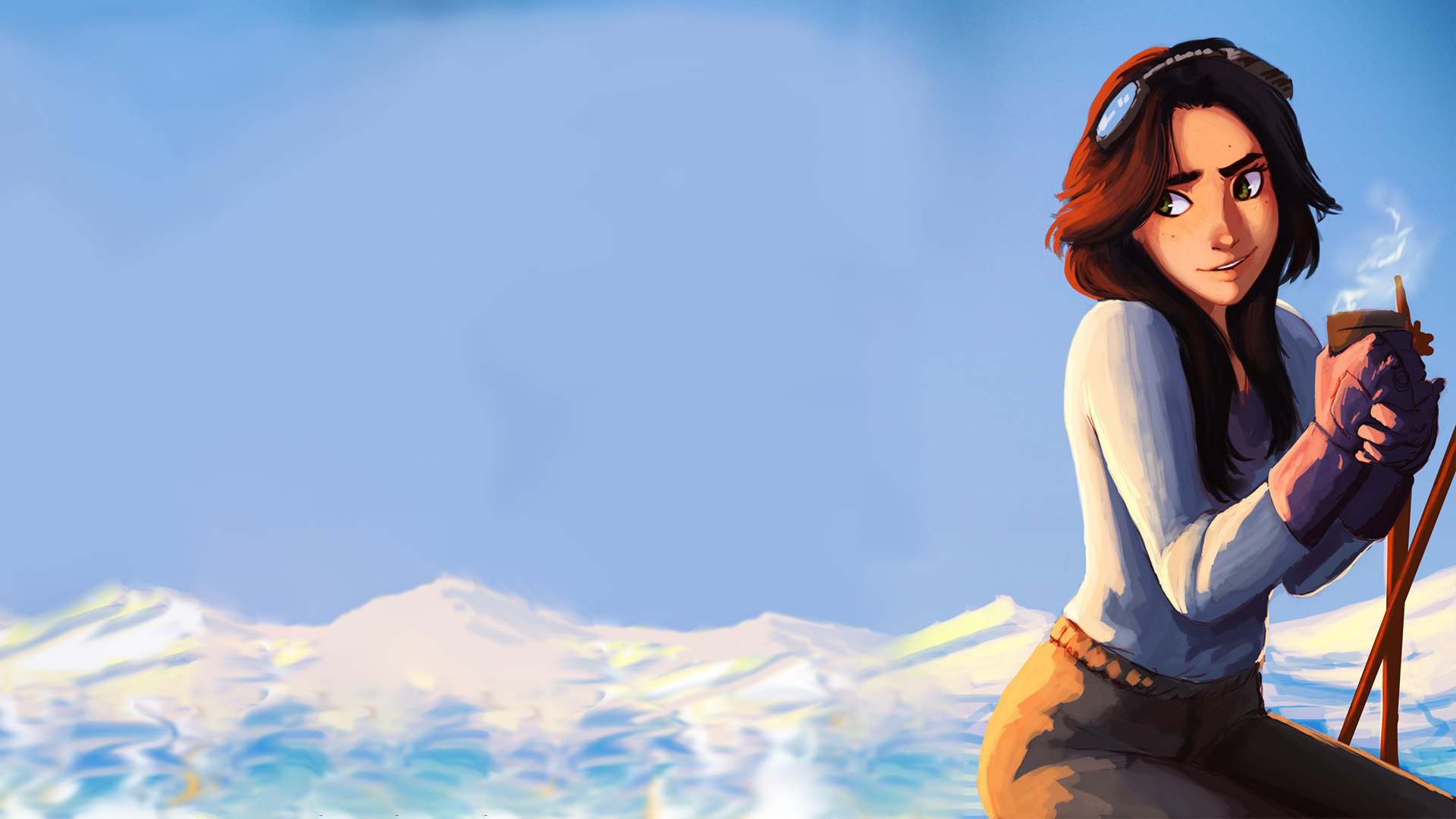 Artwork of a woman with a hot drink in the snow HD Wallpaper