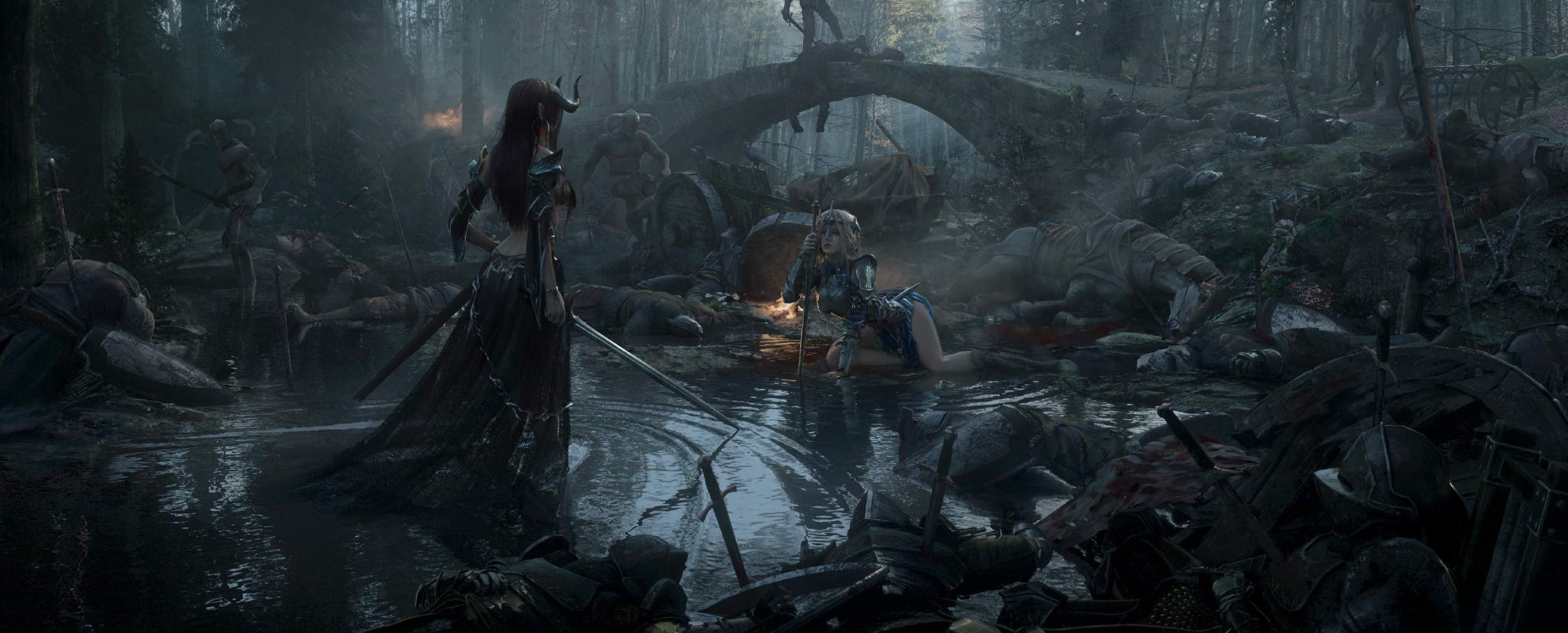 Two fantasy women with swords in a dark forest battlefield HD Wallpaper