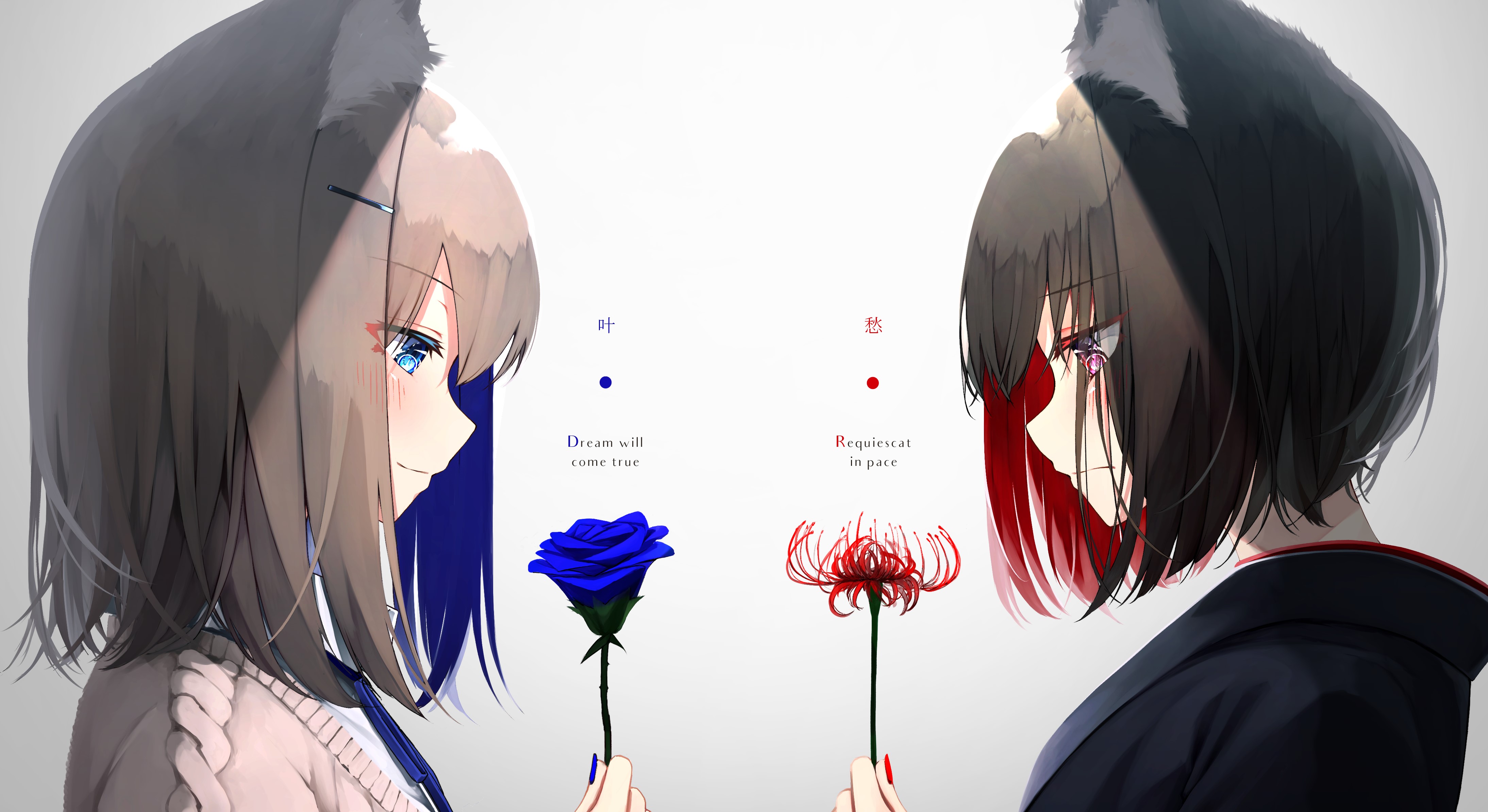 Anime girls with animal ears holding flowers HD Wallpaper