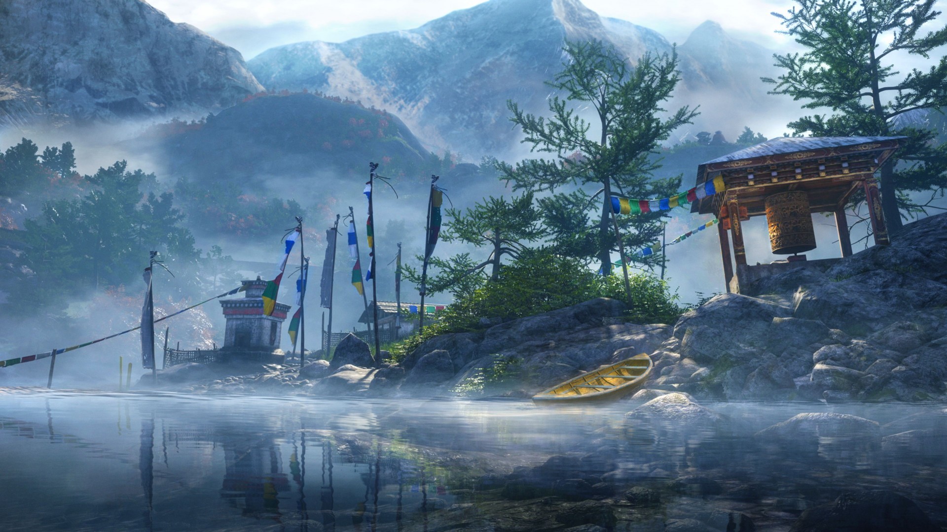 Far Cry 4 landscape with prayer flags and lake HD Wallpaper