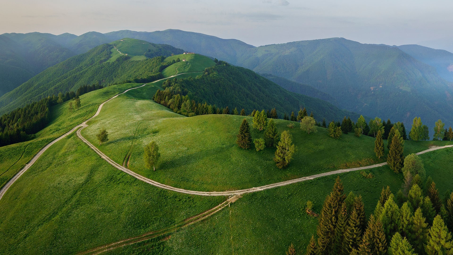 Aerial view of green mountains and paths in Veneto, Italy HD Wallpaper