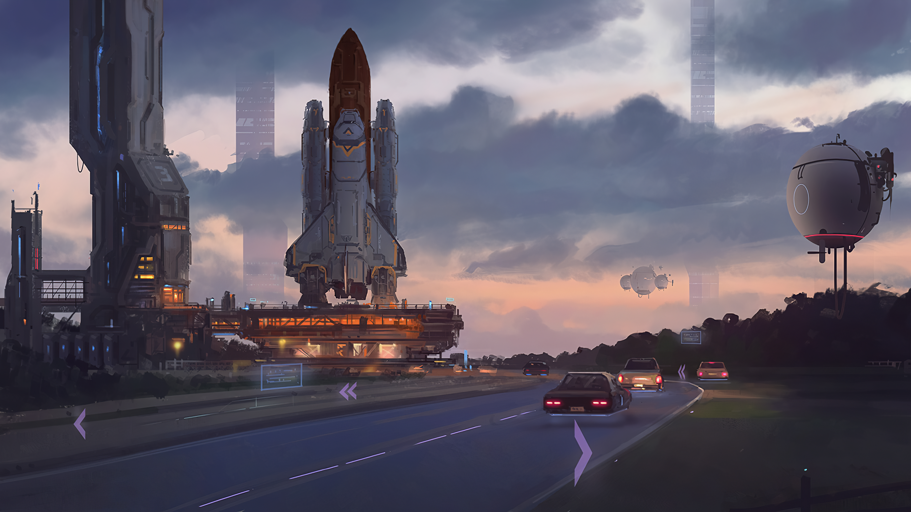 Futuristic cityscape with spaceship and cars on road HD Wallpaper
