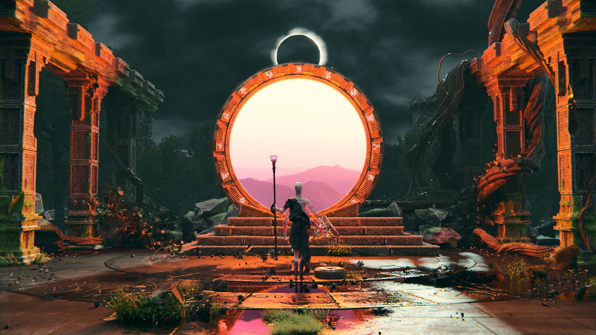 Fantasy Stargate with figure and eclipse HD Wallpaper