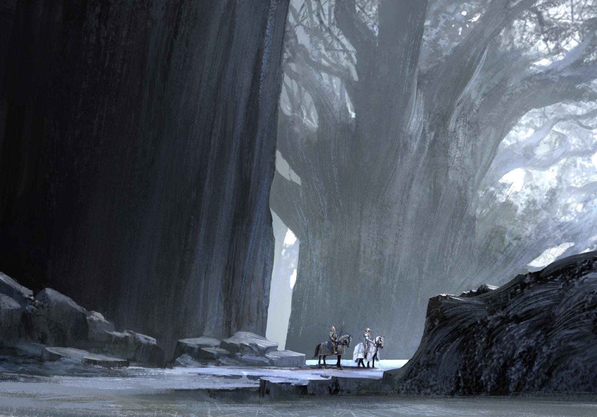 Two knights on horseback in a dark, misty forest with giant trees HD Wallpaper