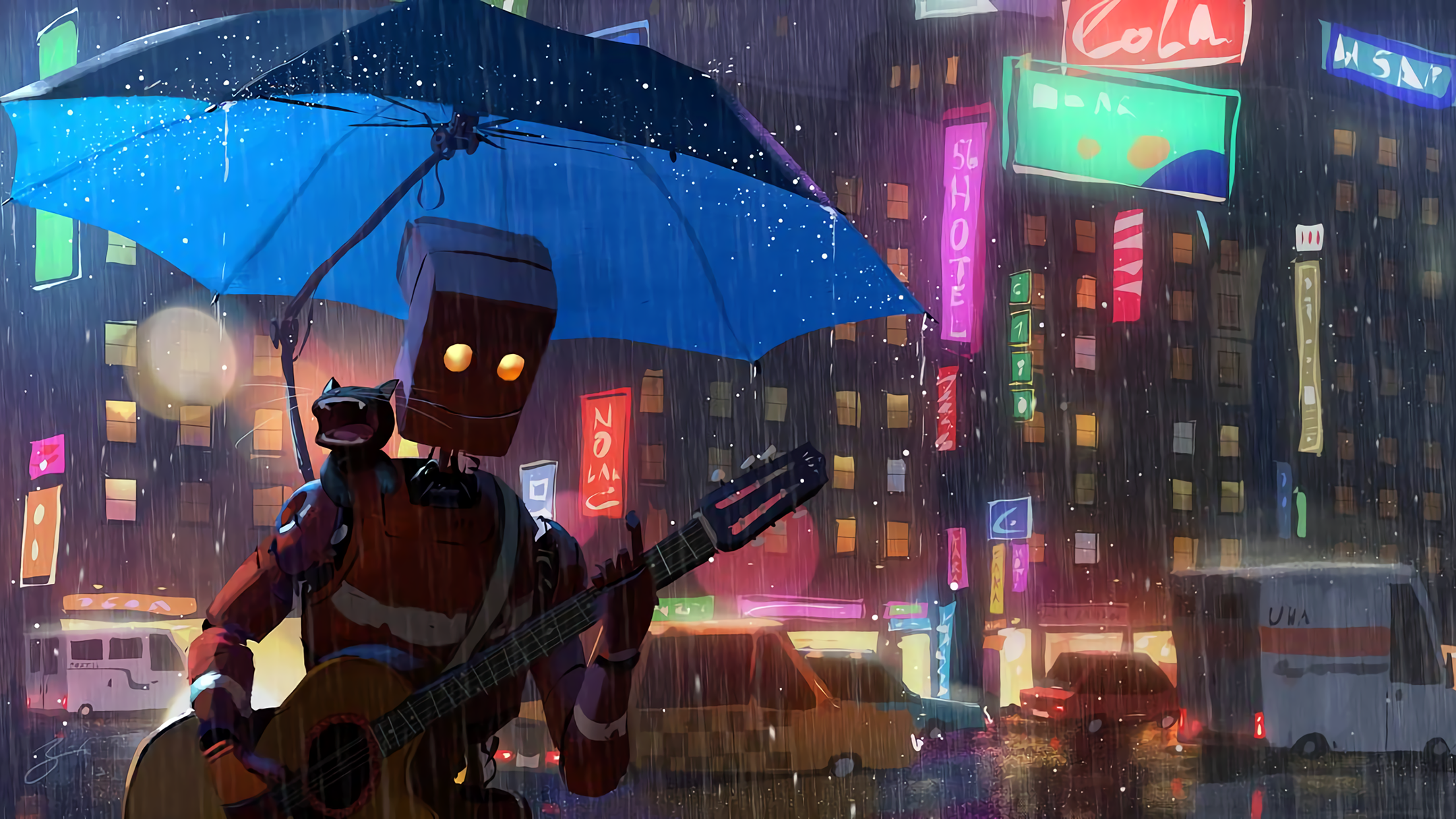 Robot with cat and guitar under umbrella in rainy city HD Wallpaper