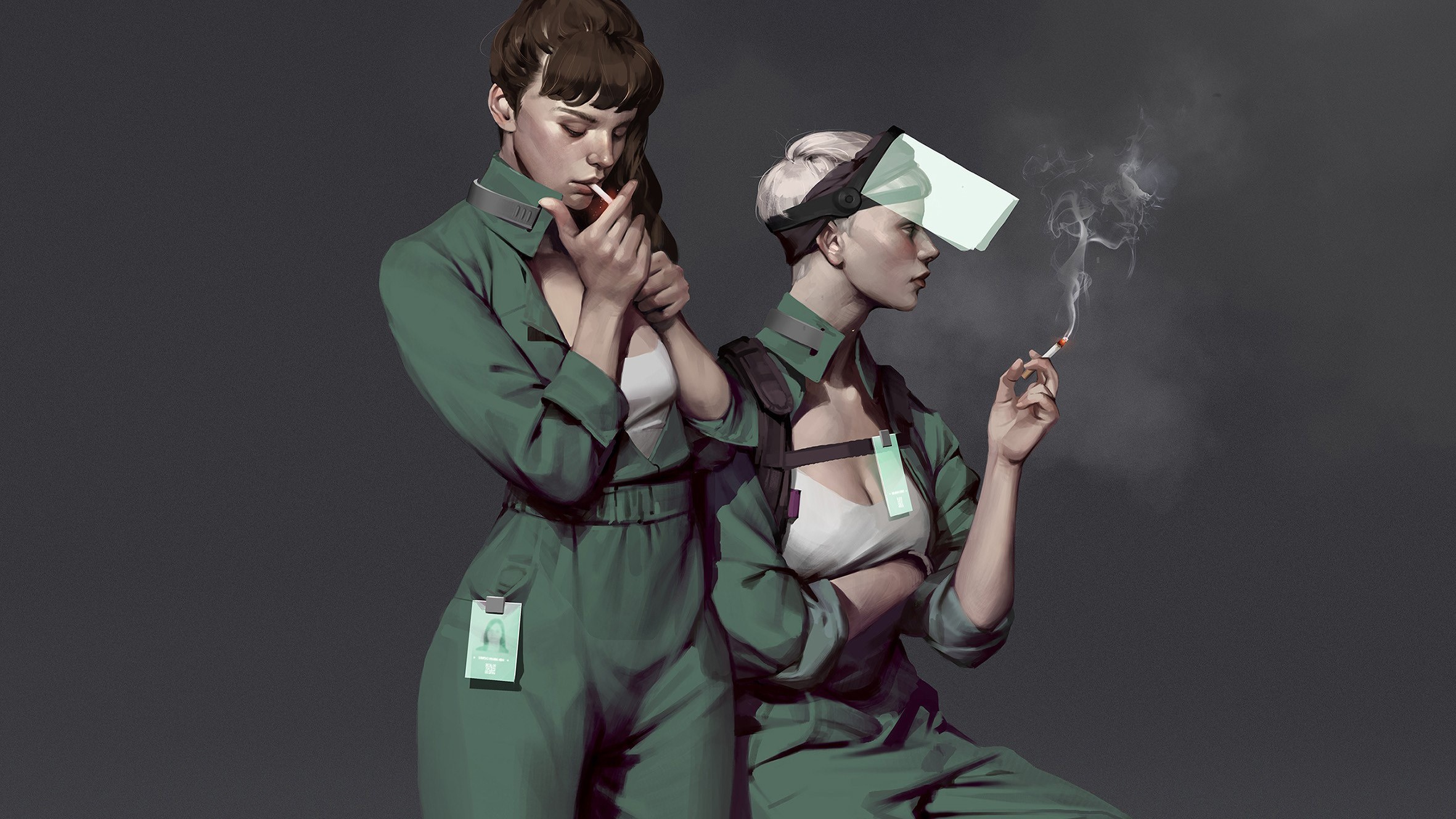 Two women in green jumpsuits smoking cigarettes HD Wallpaper