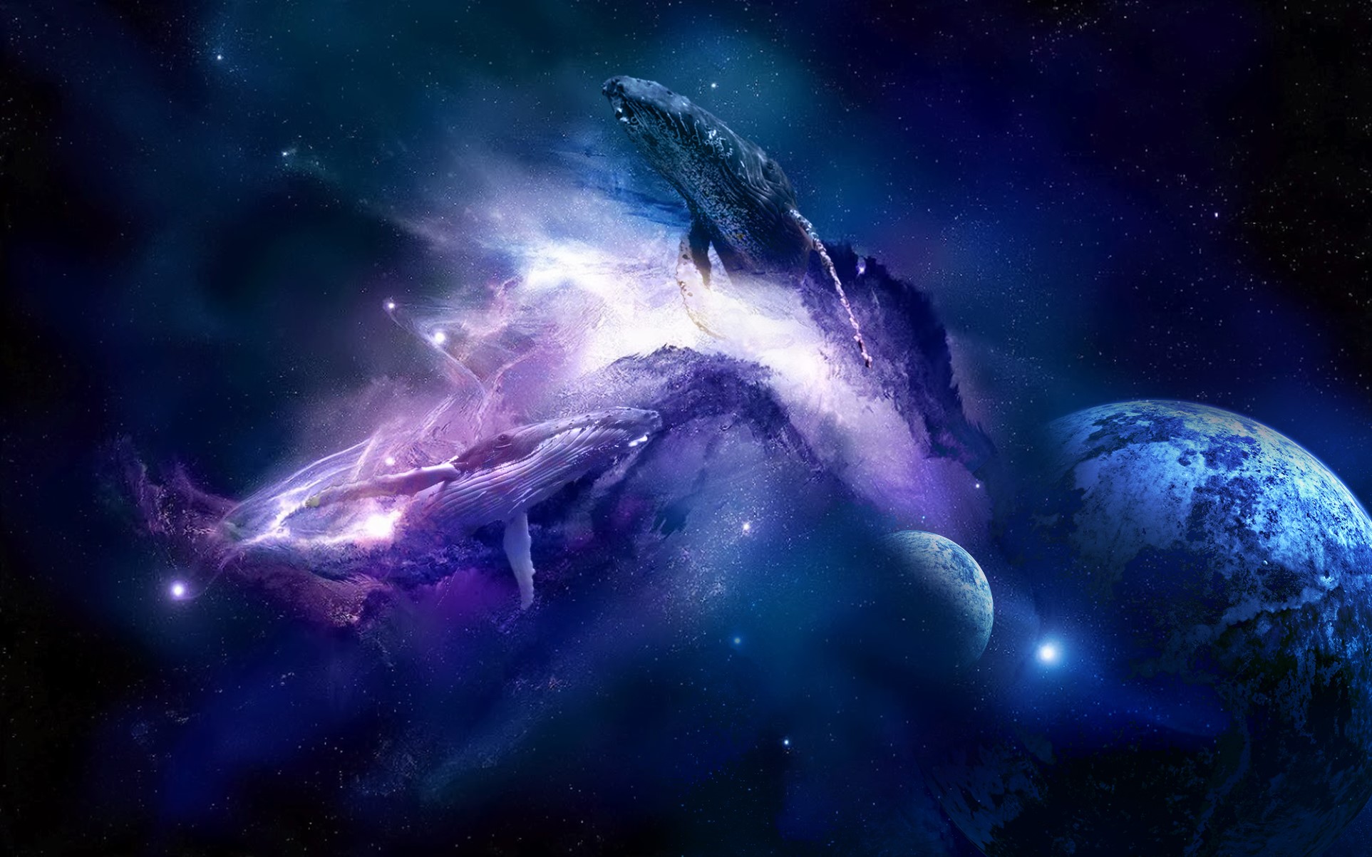 Whales swimming in a colorful galaxy with planets HD Wallpaper