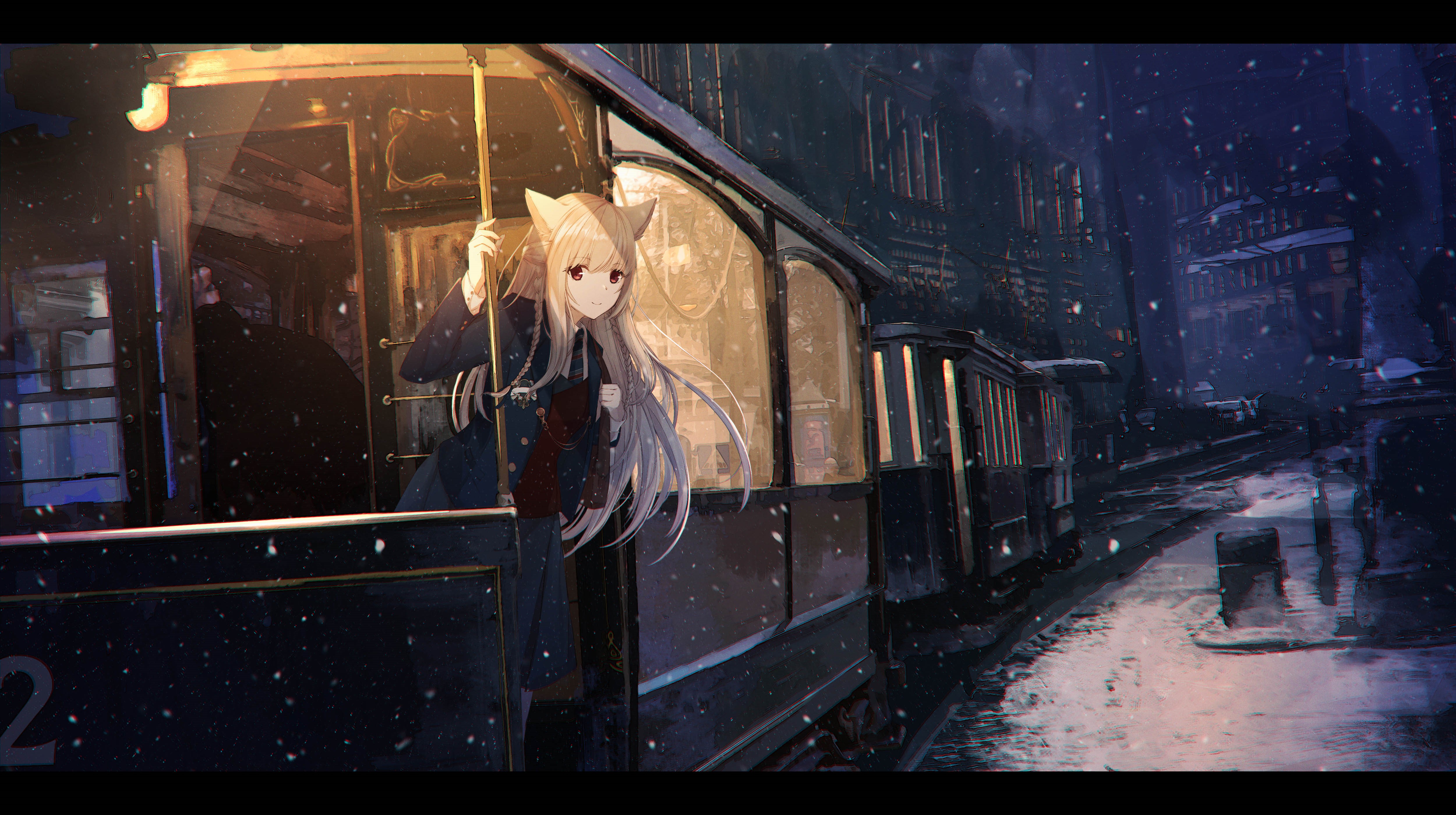 Anime girl with animal ears on a train at night HD Wallpaper
