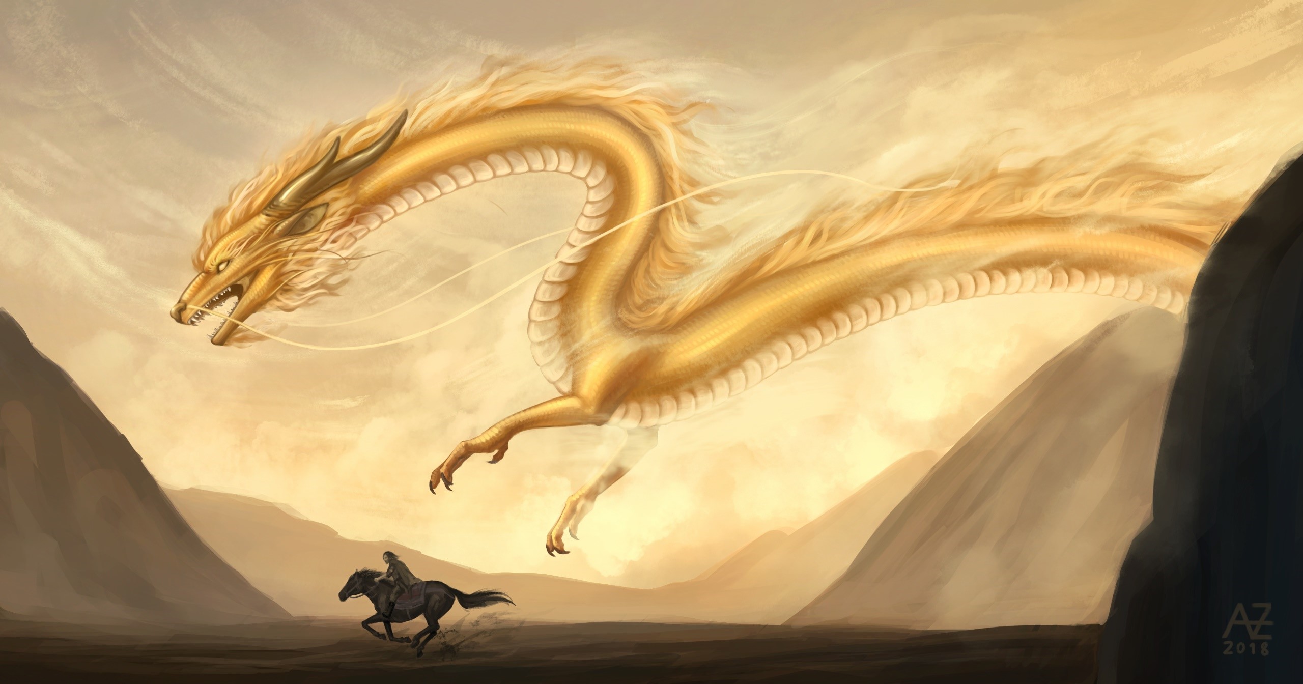 Golden Dragon flying over a man on a horse HD Wallpaper
