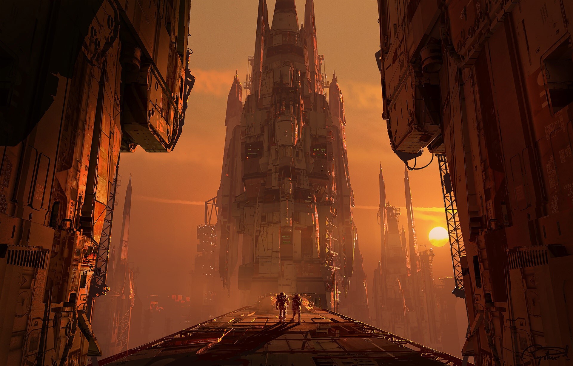 Futuristic city with two figures on a platform HD Wallpaper