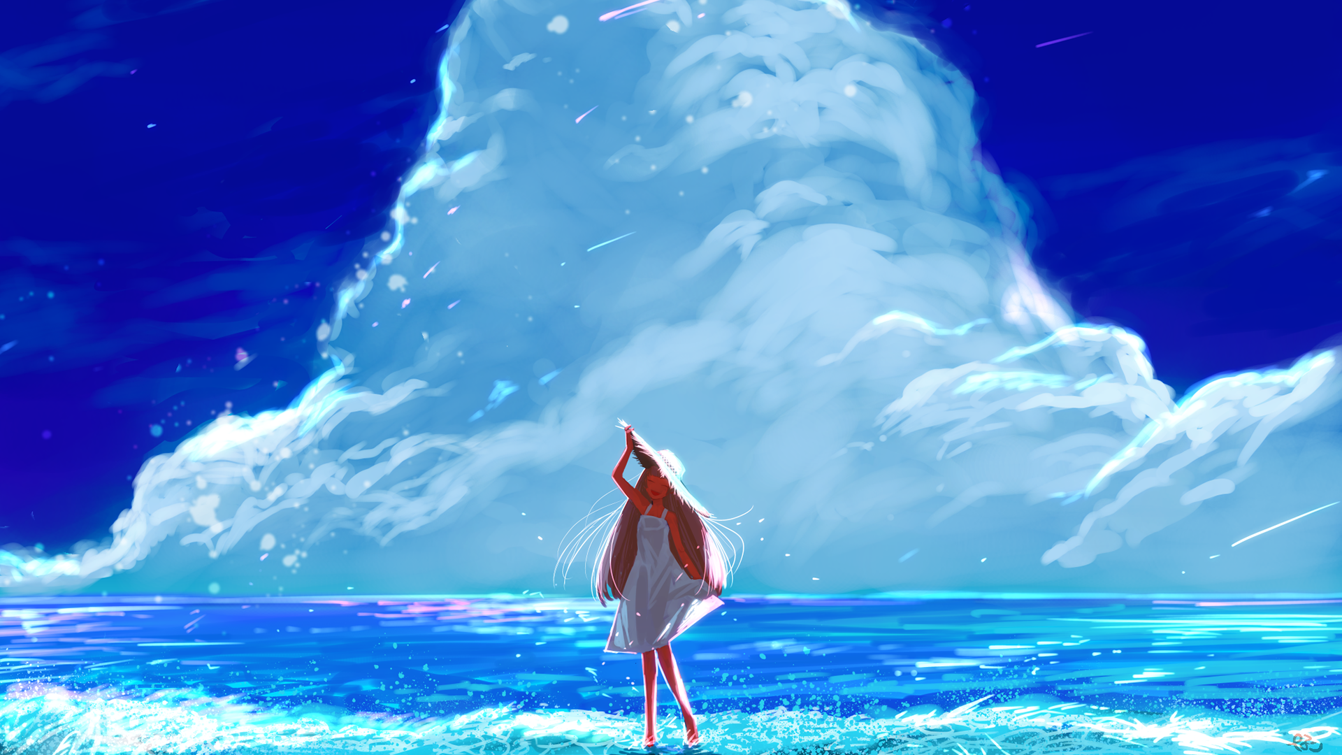 Anime girl in white dress on beach with clouds HD Wallpaper